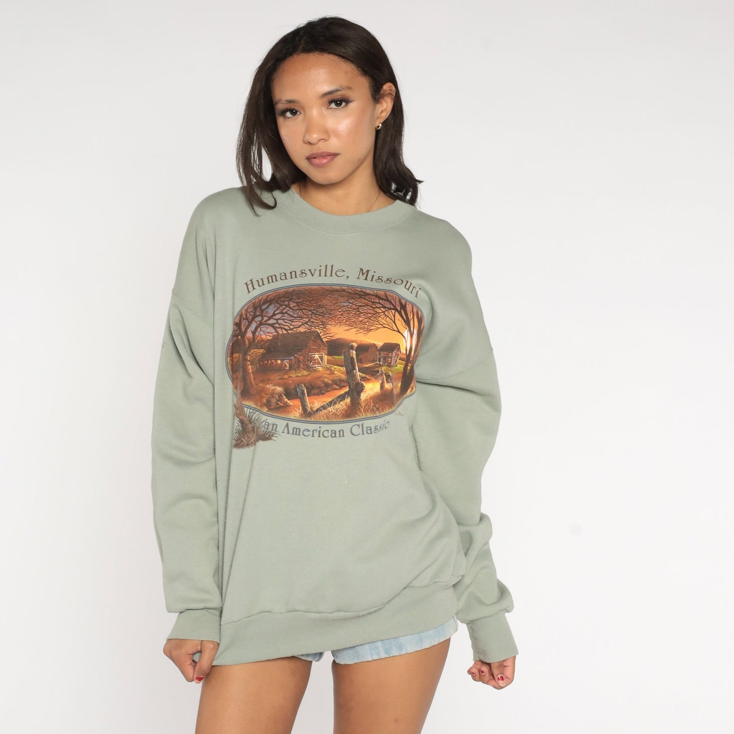 90s Humansville Missouri Farm Graphic Sweatshirt Moss Green Crewneck Extra Large XXL