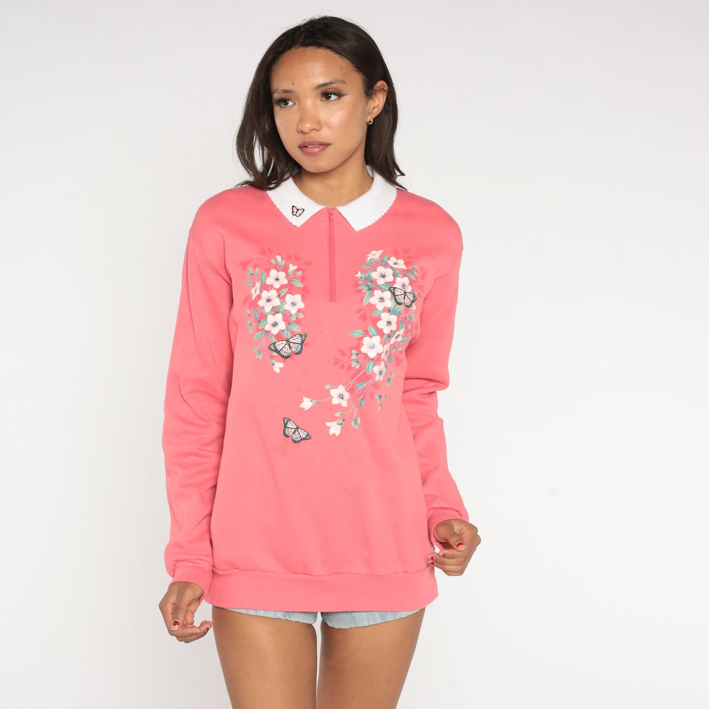 90s Floral Butterfly Quarter Zip Sweatshirt Pink Morning Sun Graphic Medium