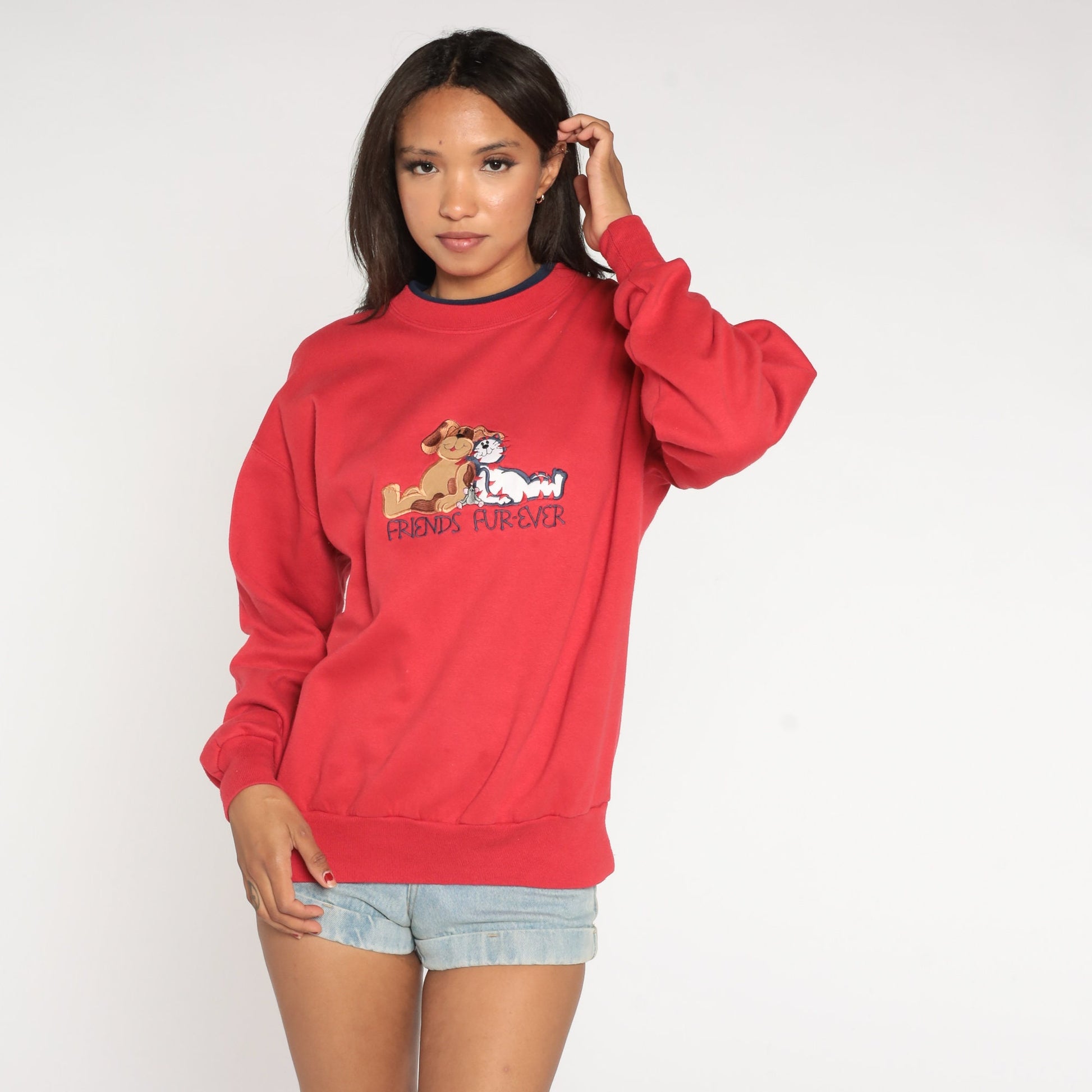 90s Cat Dog Friends Fur-ever Sweatshirt Red Graphic Crewneck Medium