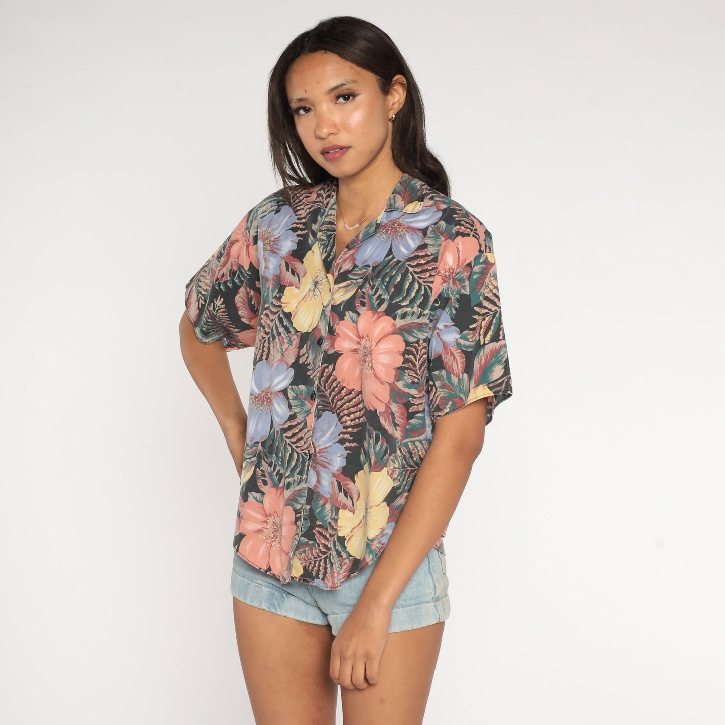 90s Tropical Floral Button-Up Blouse Short Sleeve Purple Yellow Orange Green Medium Large
