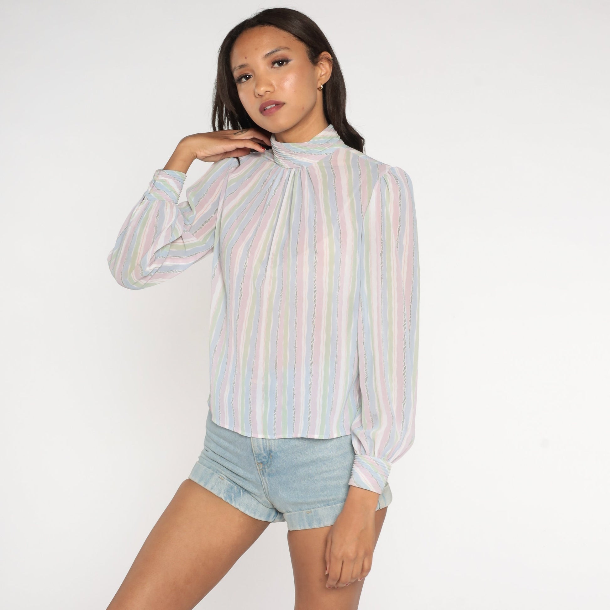 80s Pastel Striped Puff Sleeve Blouse Mock Neck Button Back Lavender Small
