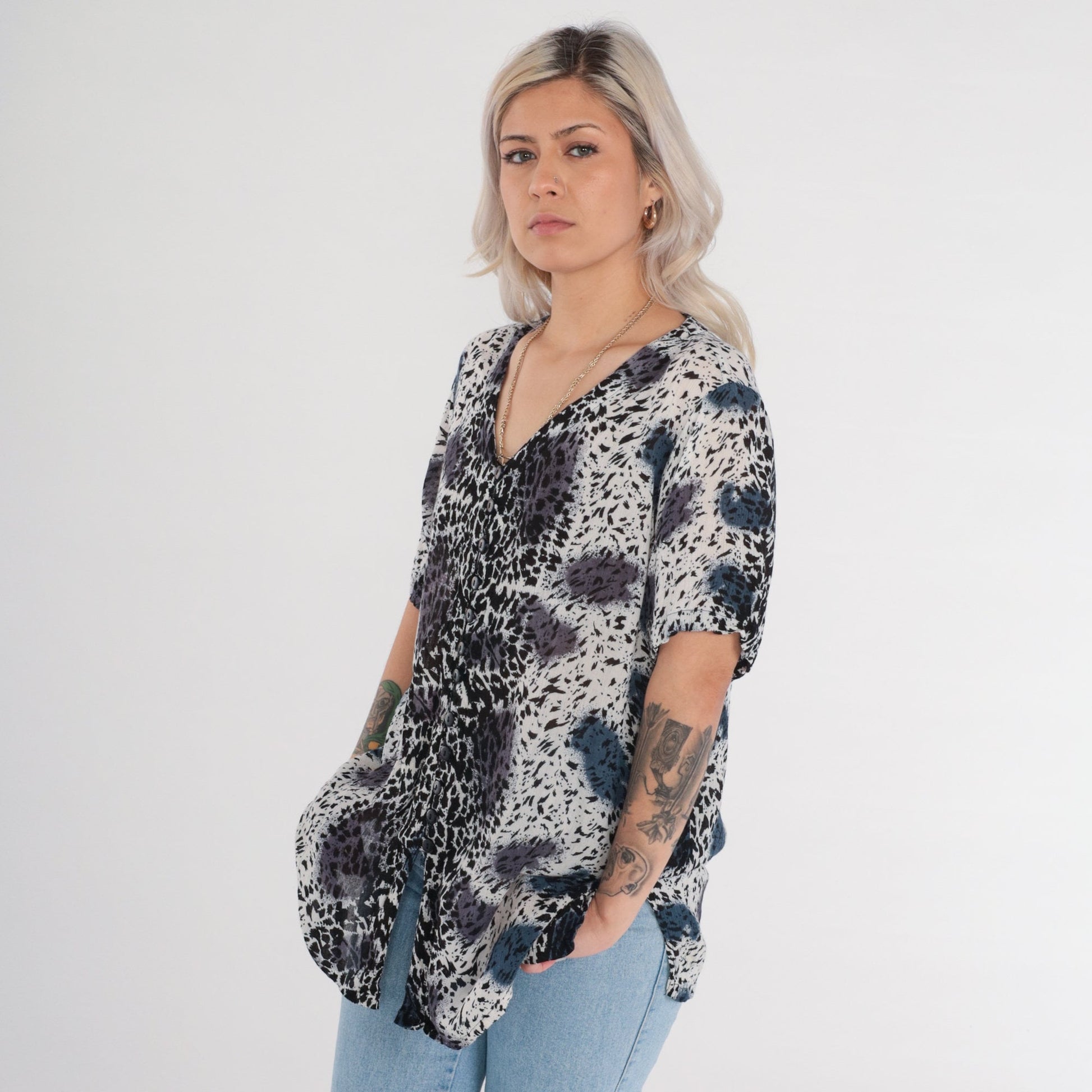 90s Leopard Animal Print Button Up Blouse V Neck Short Sleeve Plus Size XXL