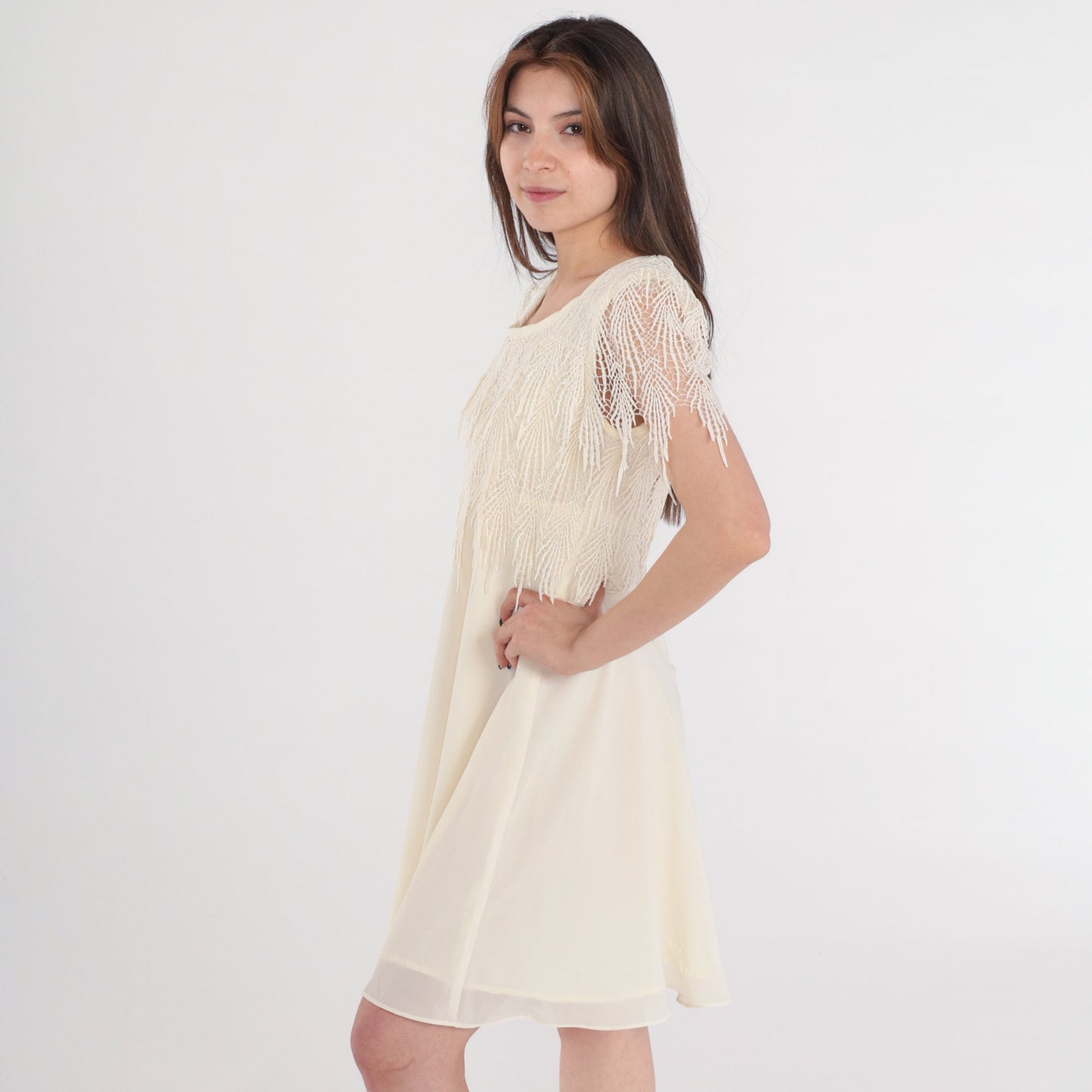 90s Cream Mini Dress Crochet Fringe Capelet Short Sleeve Small