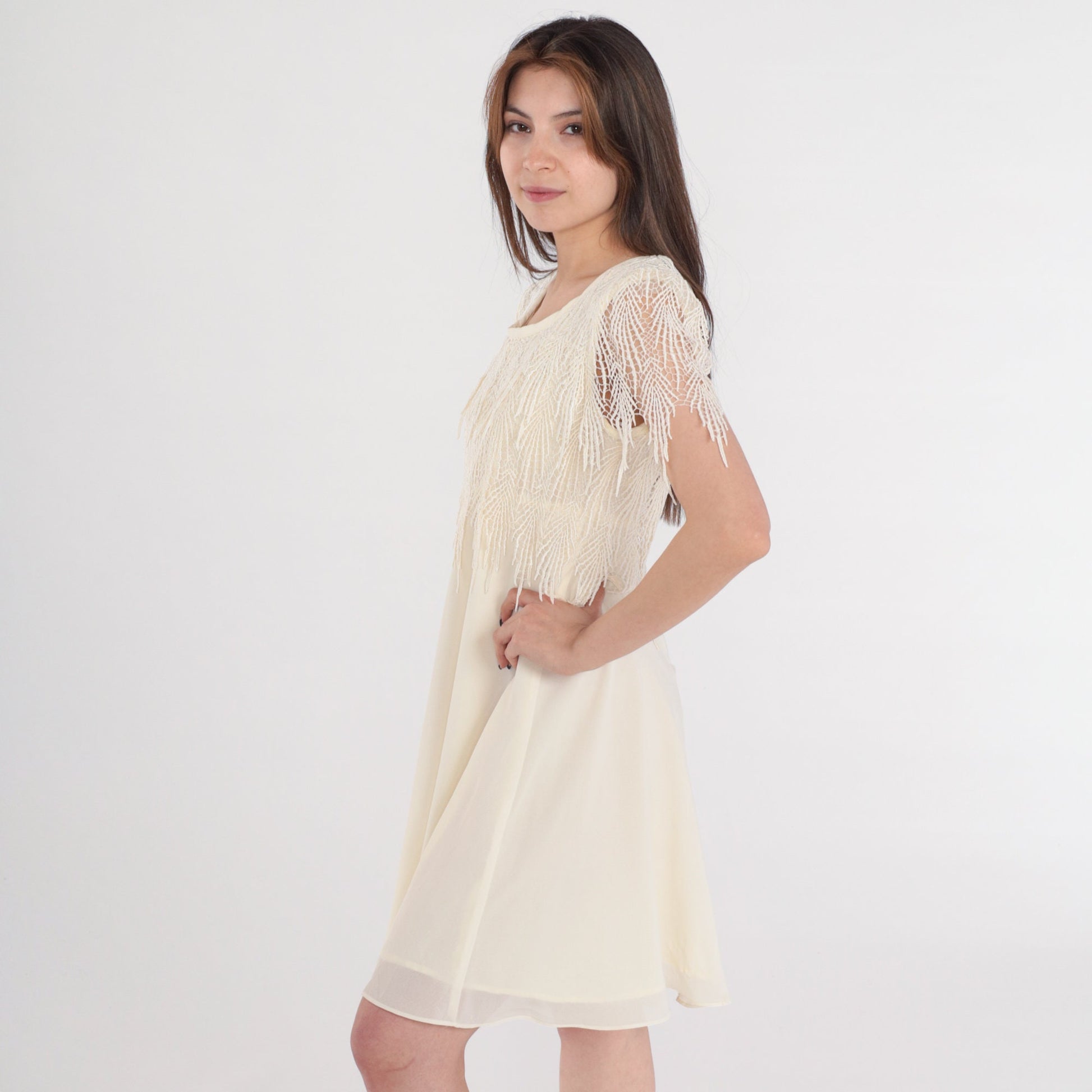 90s Cream Mini Dress Crochet Fringe Capelet Short Sleeve Small