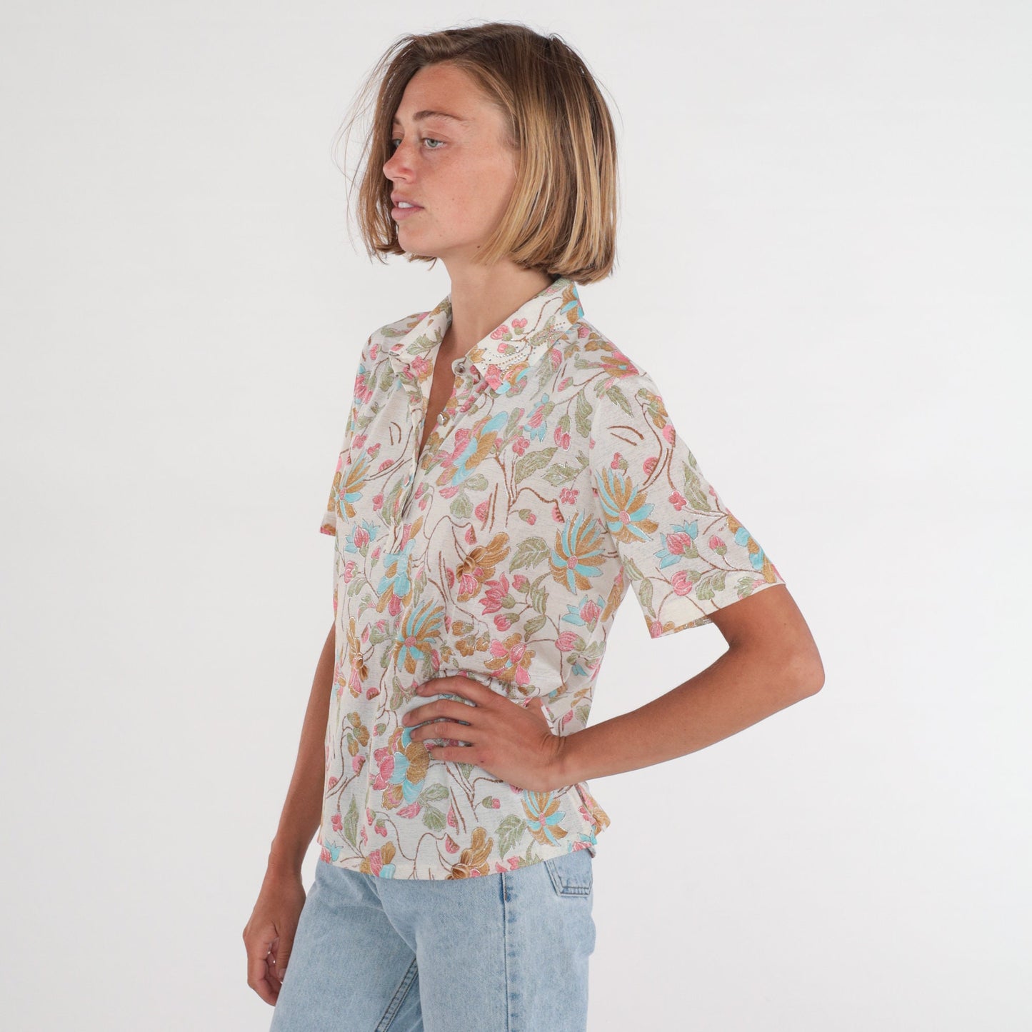 Y2K White Floral Blouse Rhinestone Metallic Trim Button-Up Short Sleeve Medium M