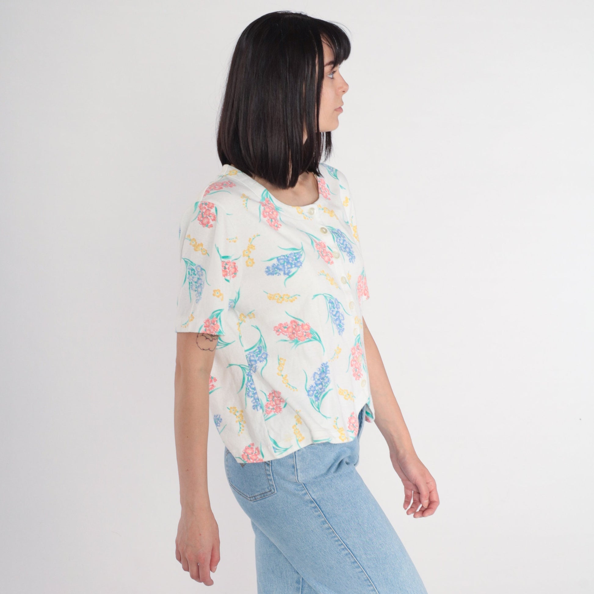 80s Jaclyn Smith Sport White Floral Button-Up Blouse Short Sleeve Large L