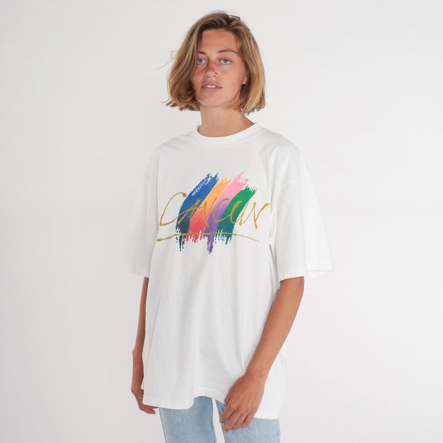 90s Cancun Mexico Graphic T-Shirt White Brushstroke XXL