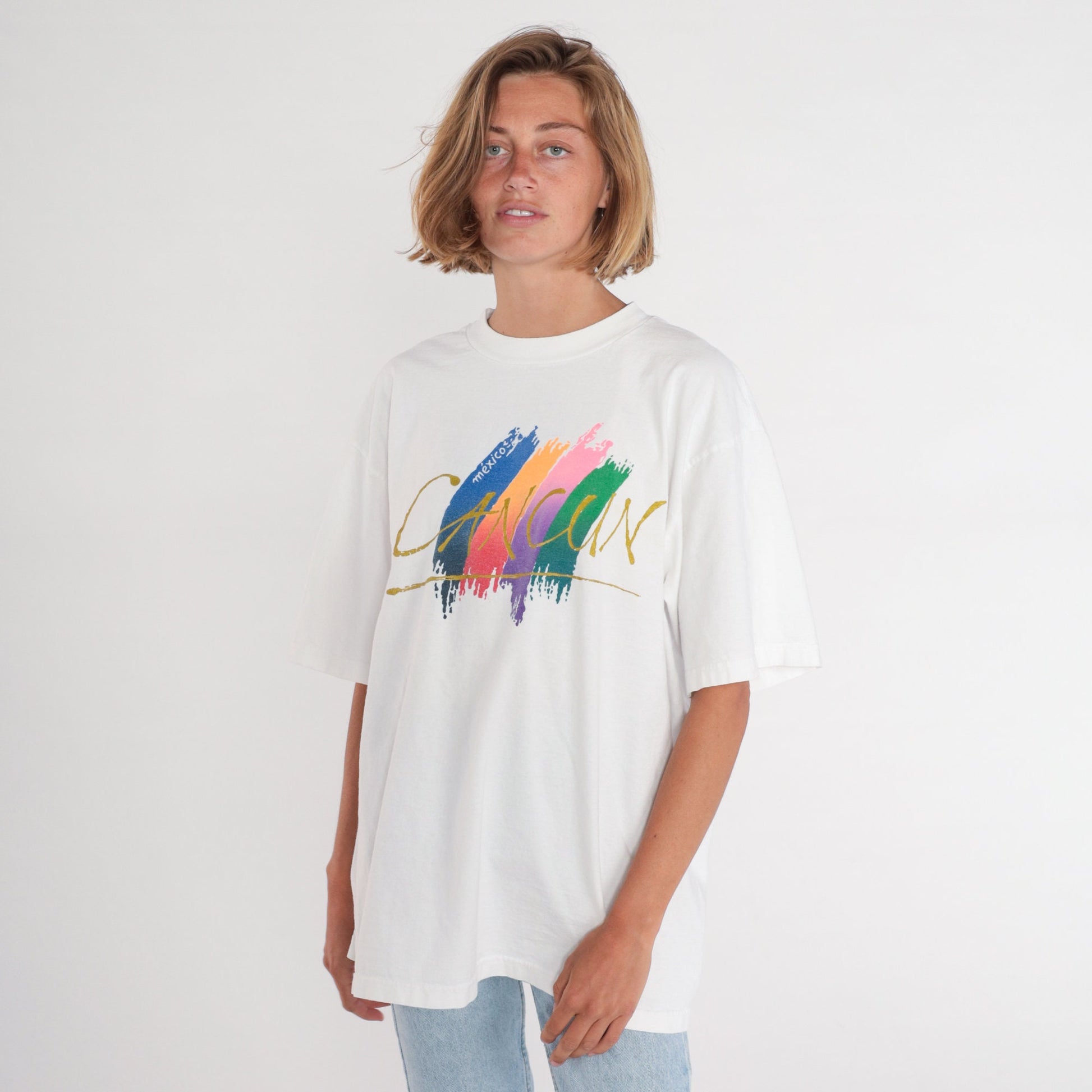 90s Cancun Mexico Graphic T-Shirt White Brushstroke XXL