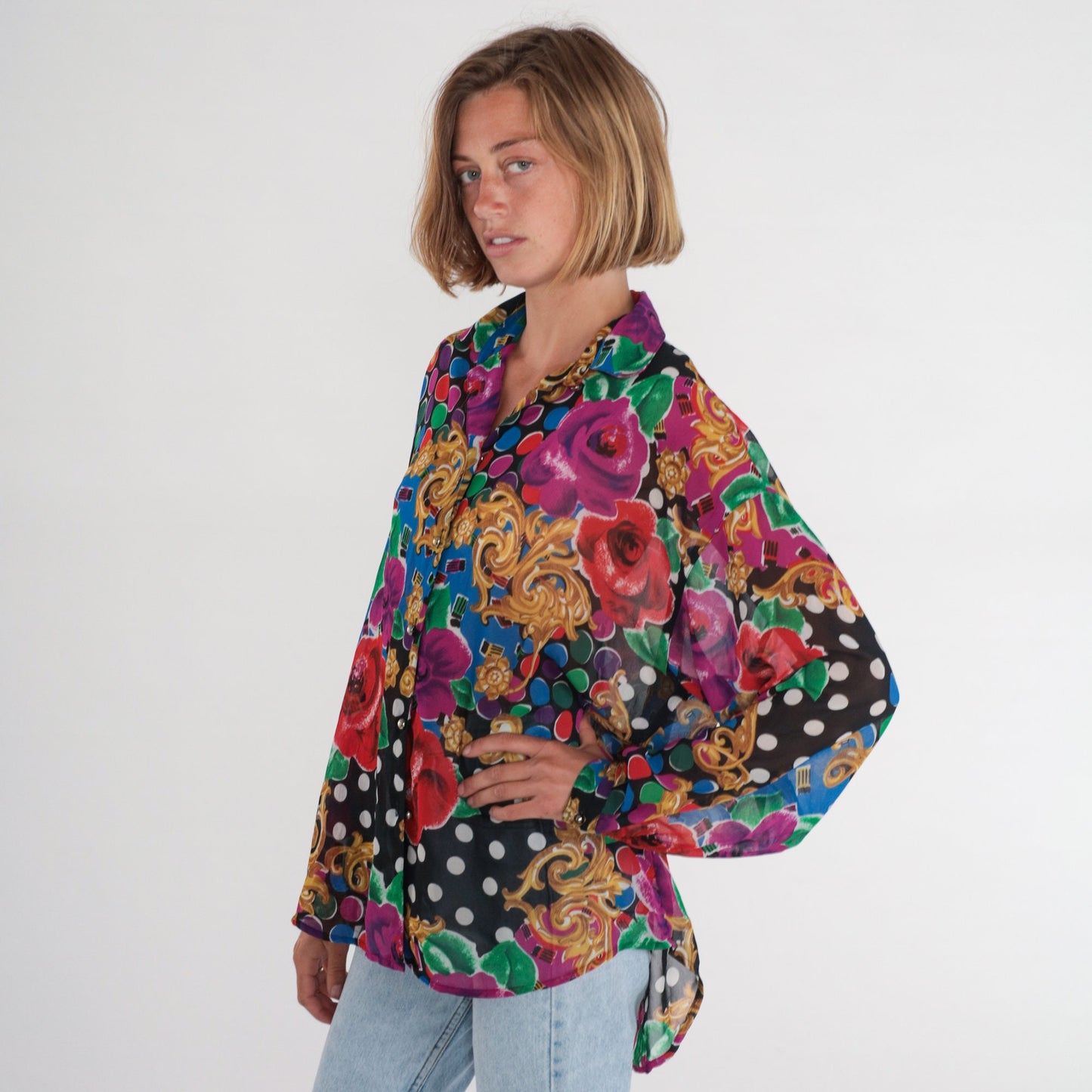 90s Express Baroque Floral Polka Dot Button-Up Blouse Long Sleeve Medium
