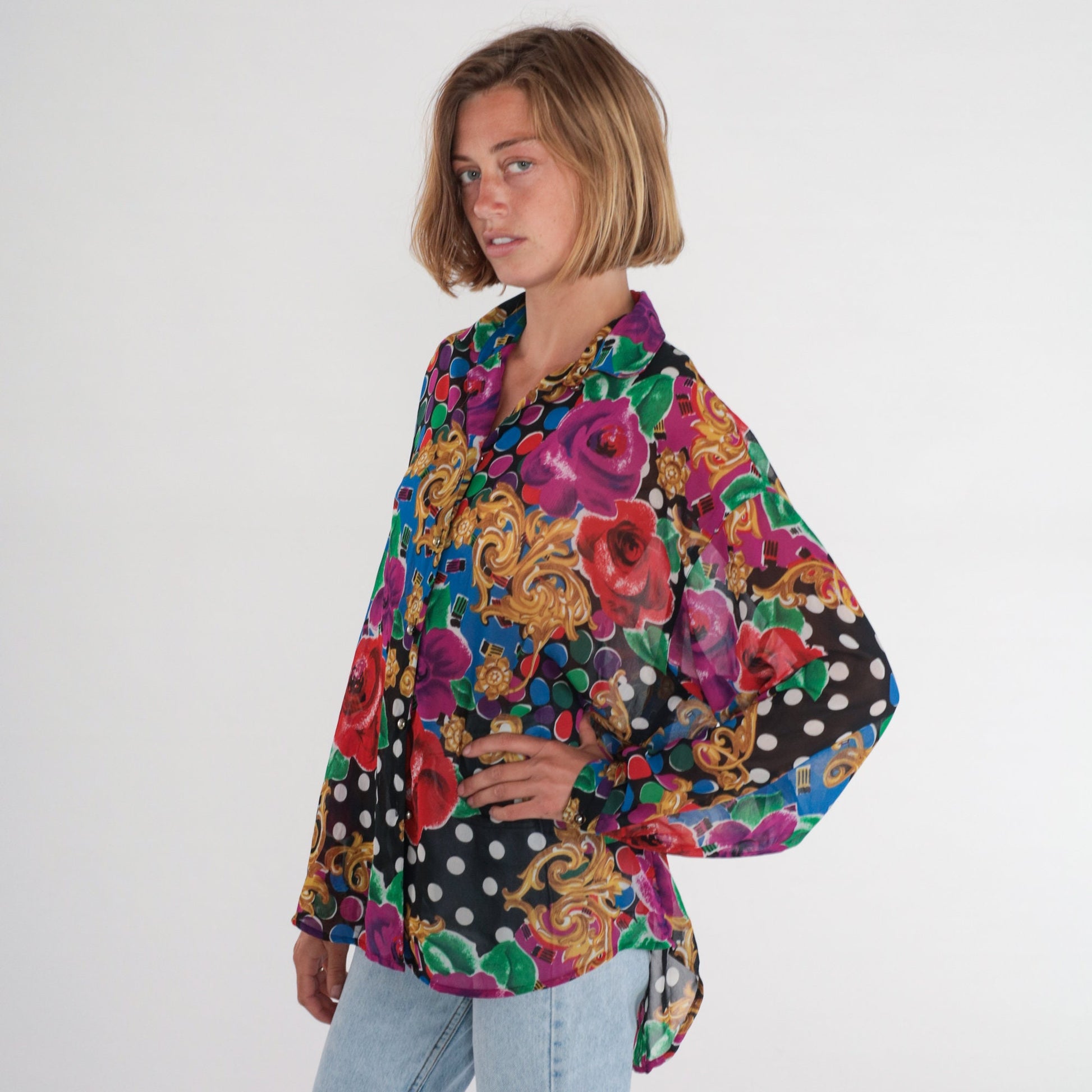 90s Express Baroque Floral Polka Dot Button-Up Blouse Long Sleeve Medium