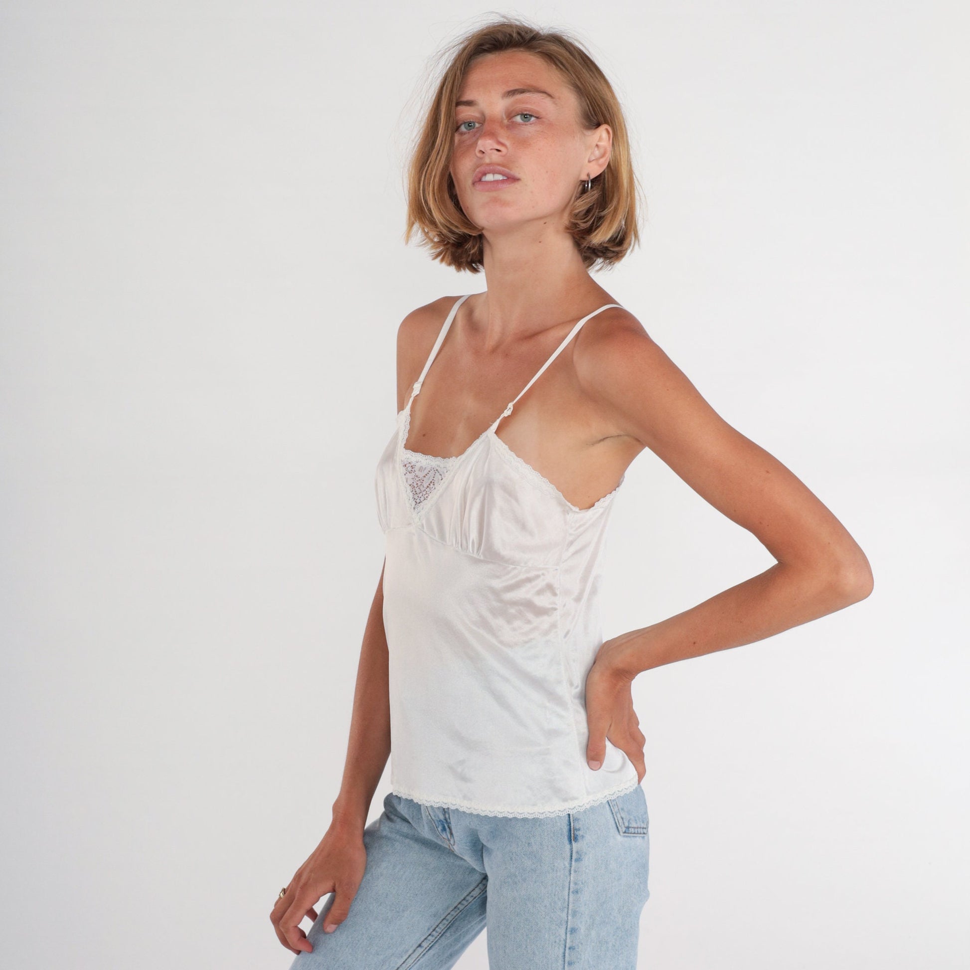 80s White Nylon Camisole Lace Trim Spaghetti Strap Empire Waist Small