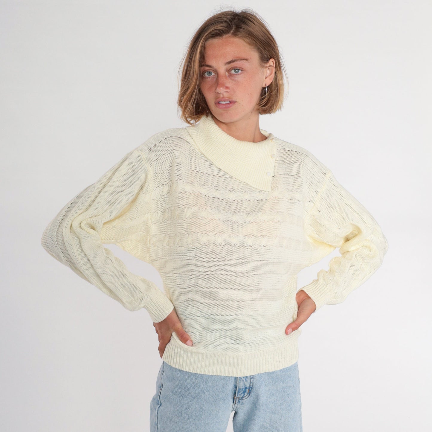 80s Cream Cable Knit Sweater Convertible Collar Pullover Medium M