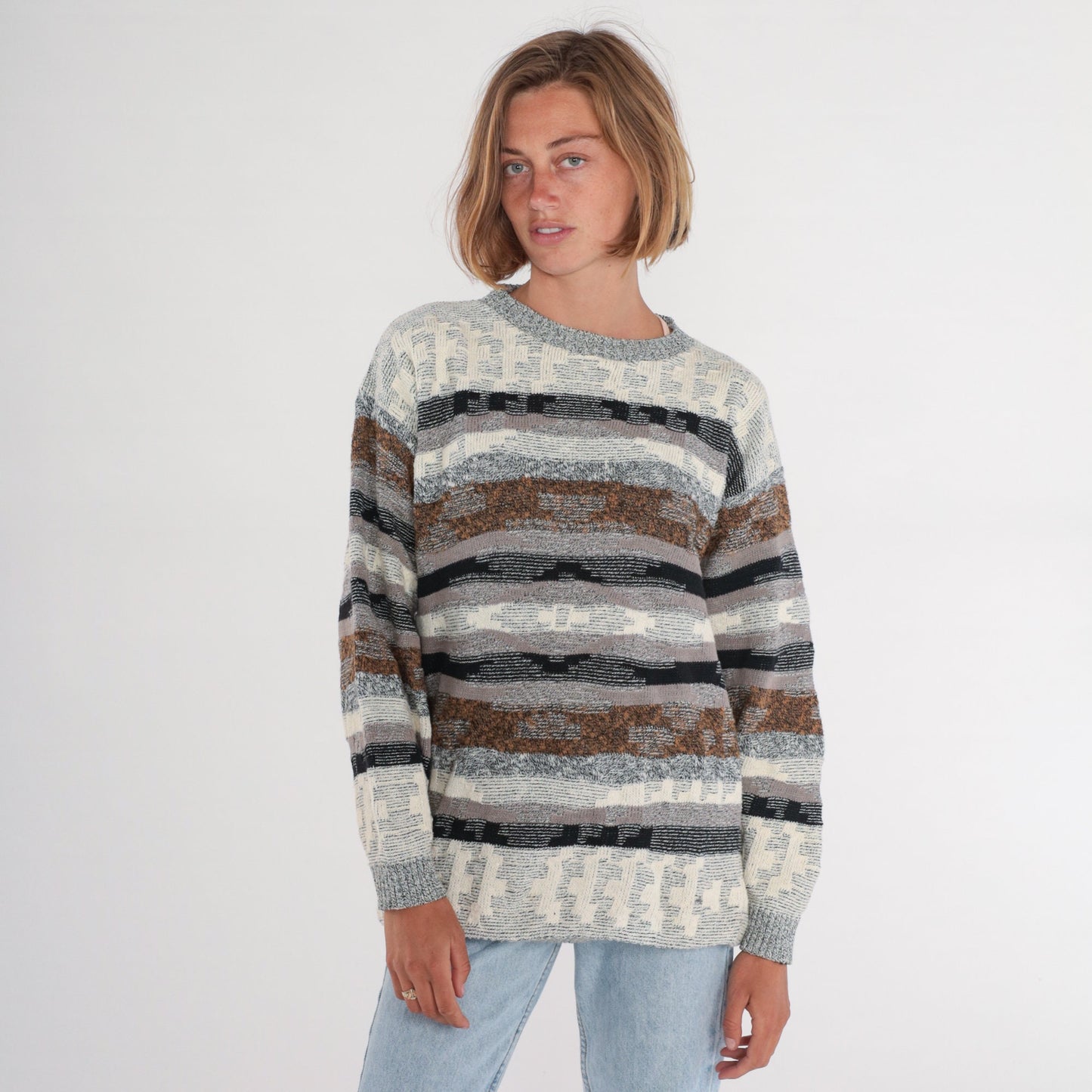 80s Geometric Striped Knit Sweater Grey Brown Cream Black Crewneck Large