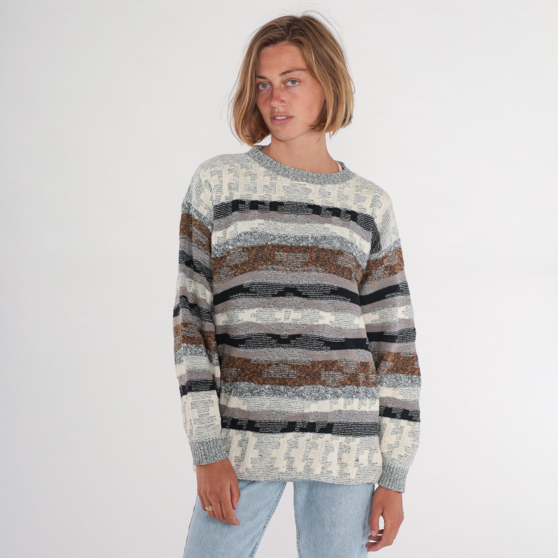 80s Geometric Striped Knit Sweater Grey Brown Cream Black Crewneck Large