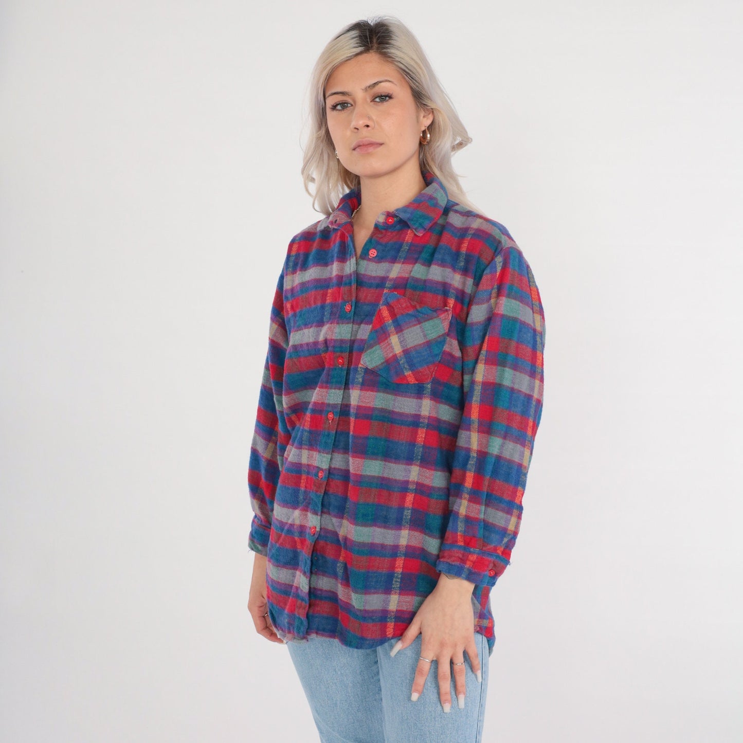 90s Plaid Cotton Flannel Shirt Button Up Long Sleeve Medium
