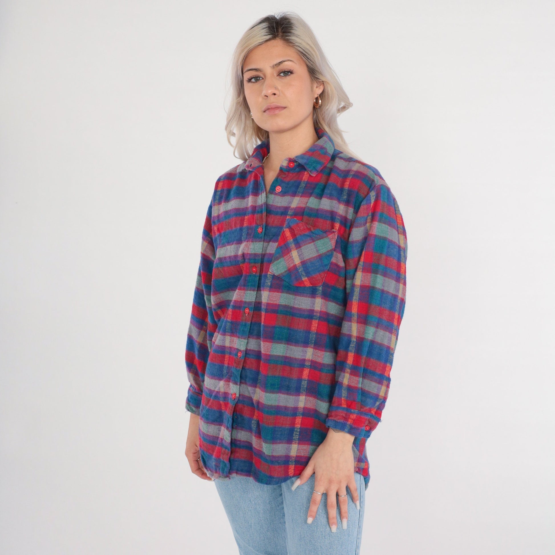 90s Plaid Cotton Flannel Shirt Button Up Long Sleeve Medium