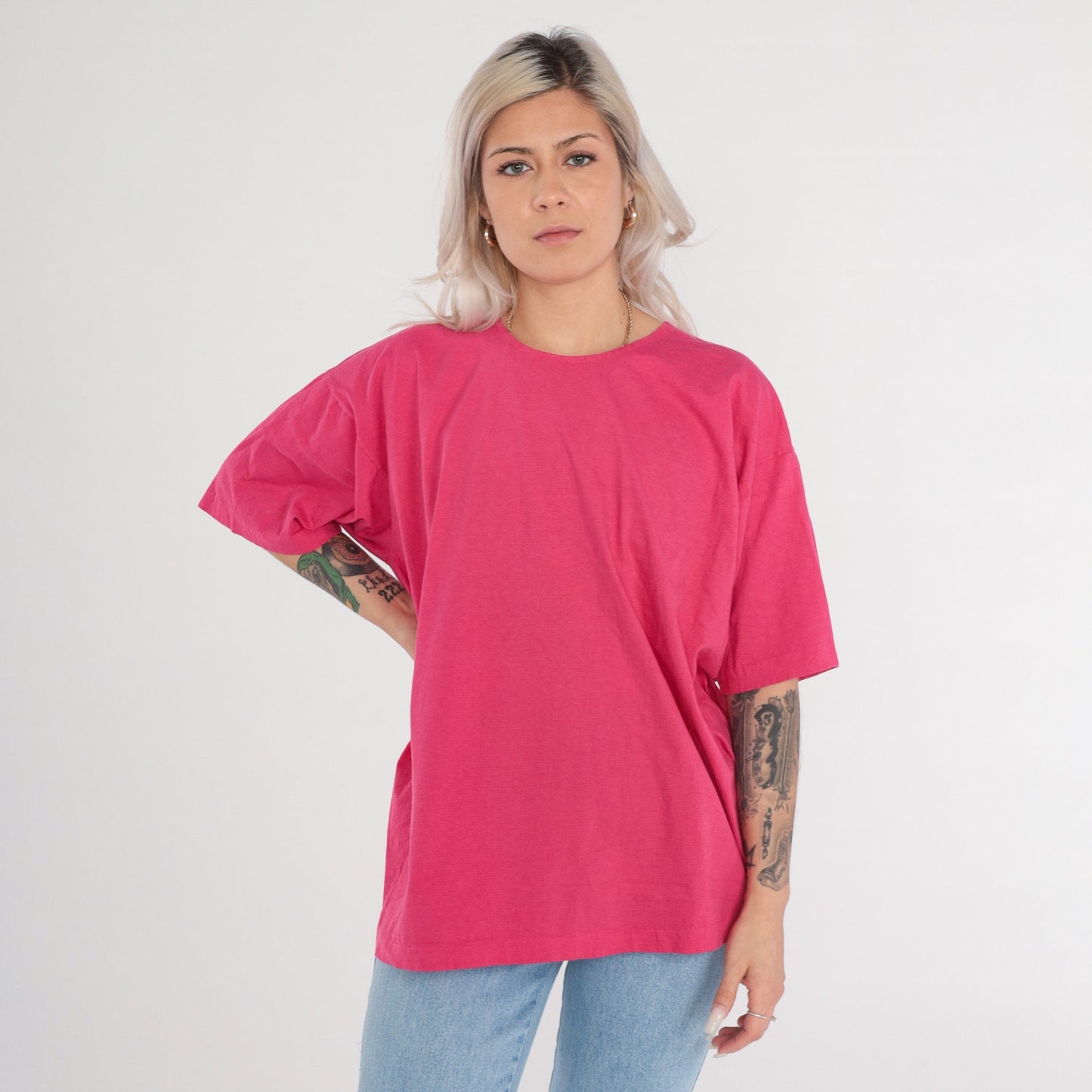 90s Hot Pink Plain Cotton T-Shirt Short Sleeve Solid Tee Extra Large