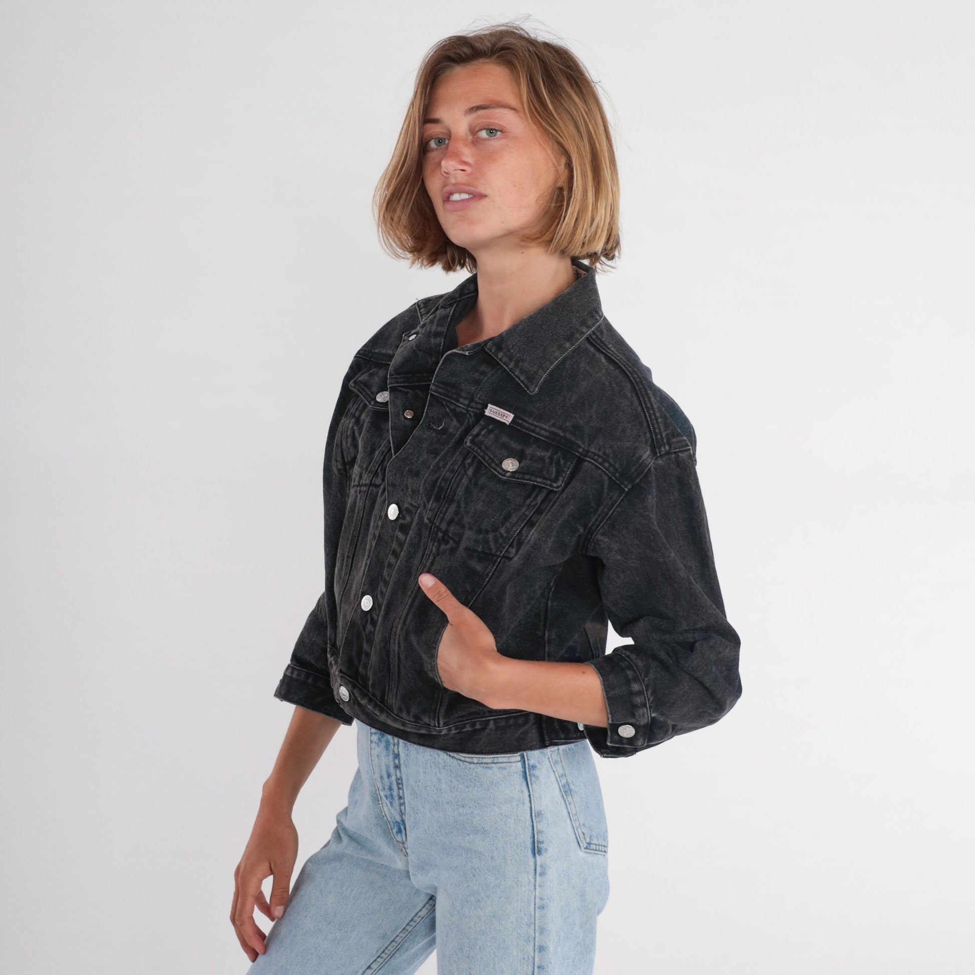 90s Guess Black Denim Jacket Cropped Airbrushed Vegetarian Print Medium