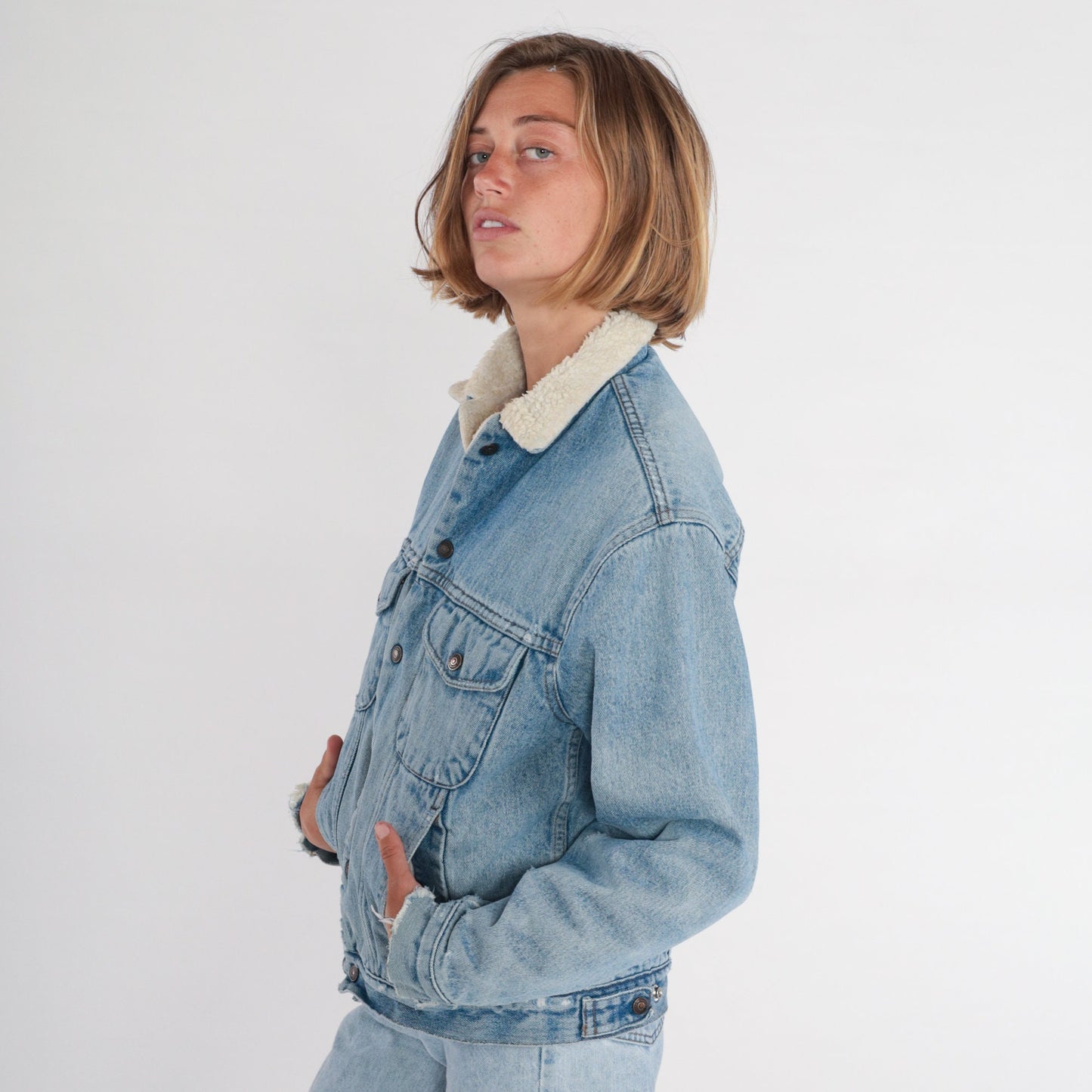 90s Gap Denim Jacket Blue Shearling Lined Snap Front Small S