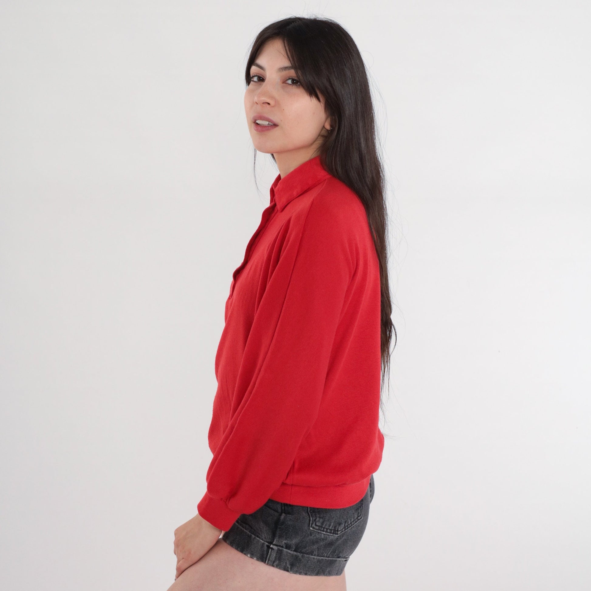 80s Red Long Sleeve Polo Shirt Plain Button-Up Crewneck Medium