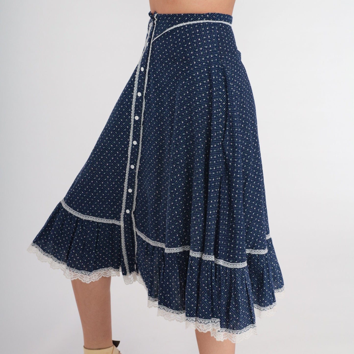 70s Gunne Sax Prairie Skirt Blue Calico Floral Midi Lace High Waist XS