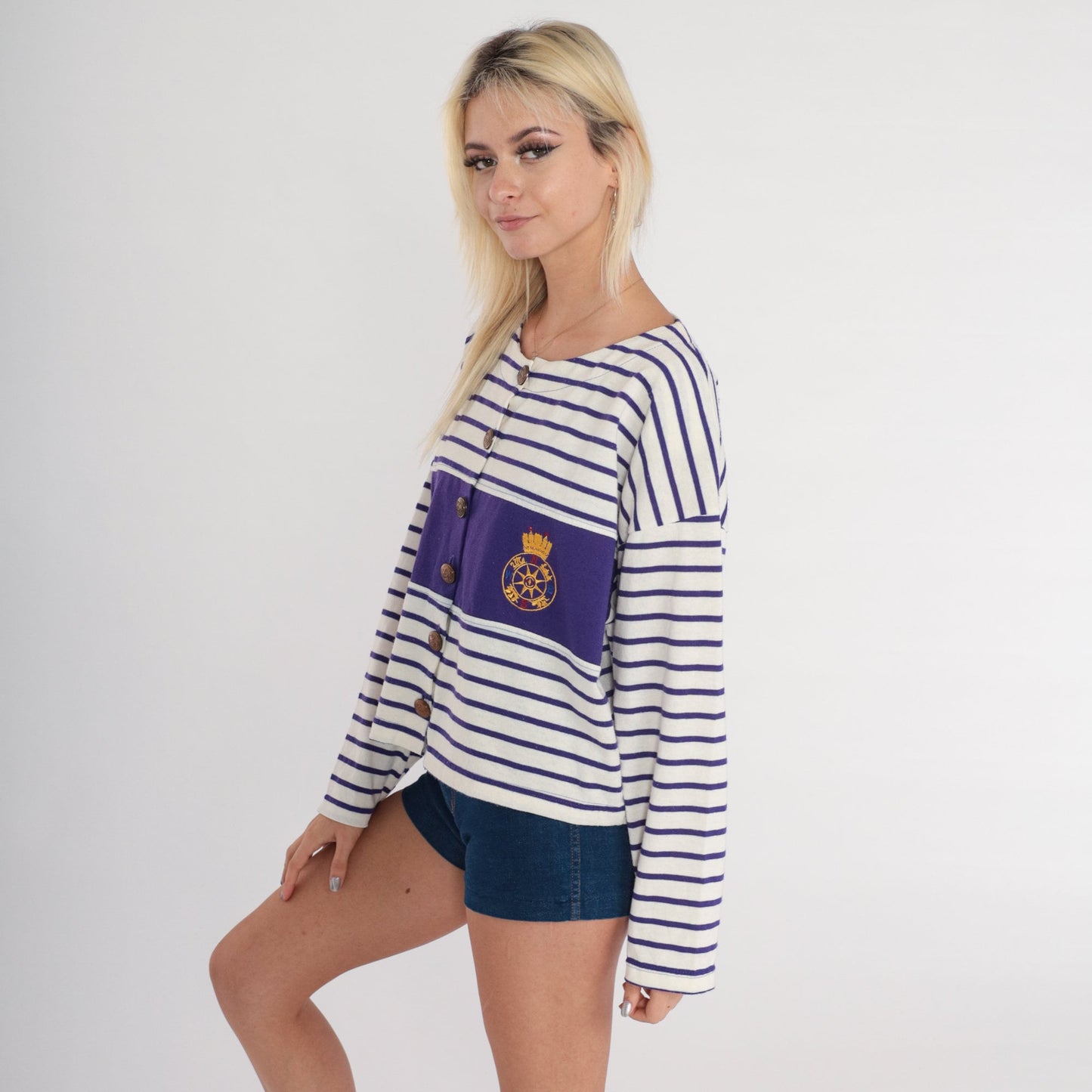 90s Royal Navy Striped Button-Up Shirt White Purple Compass Crest Medium
