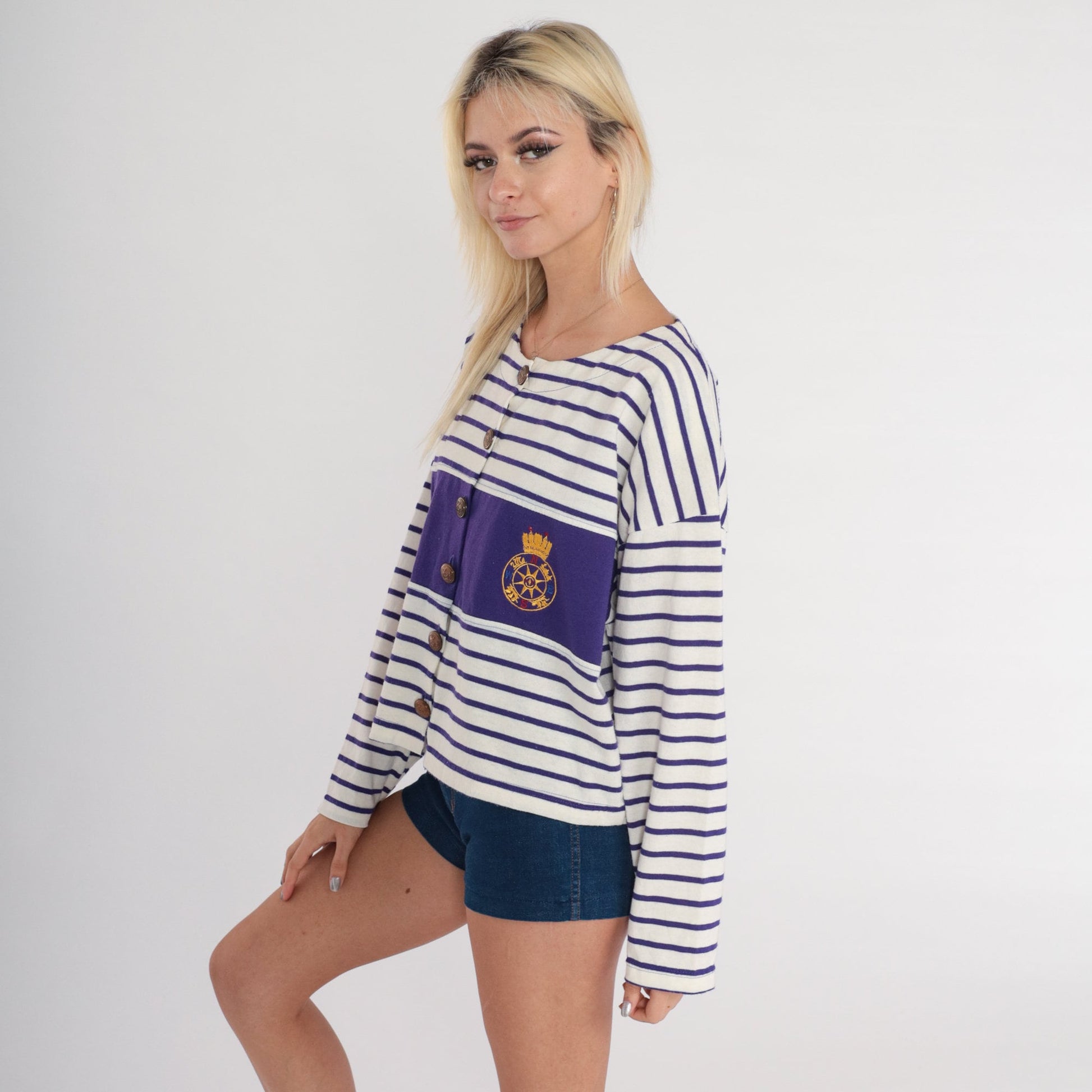 90s Royal Navy Striped Button-Up Shirt White Purple Compass Crest Medium