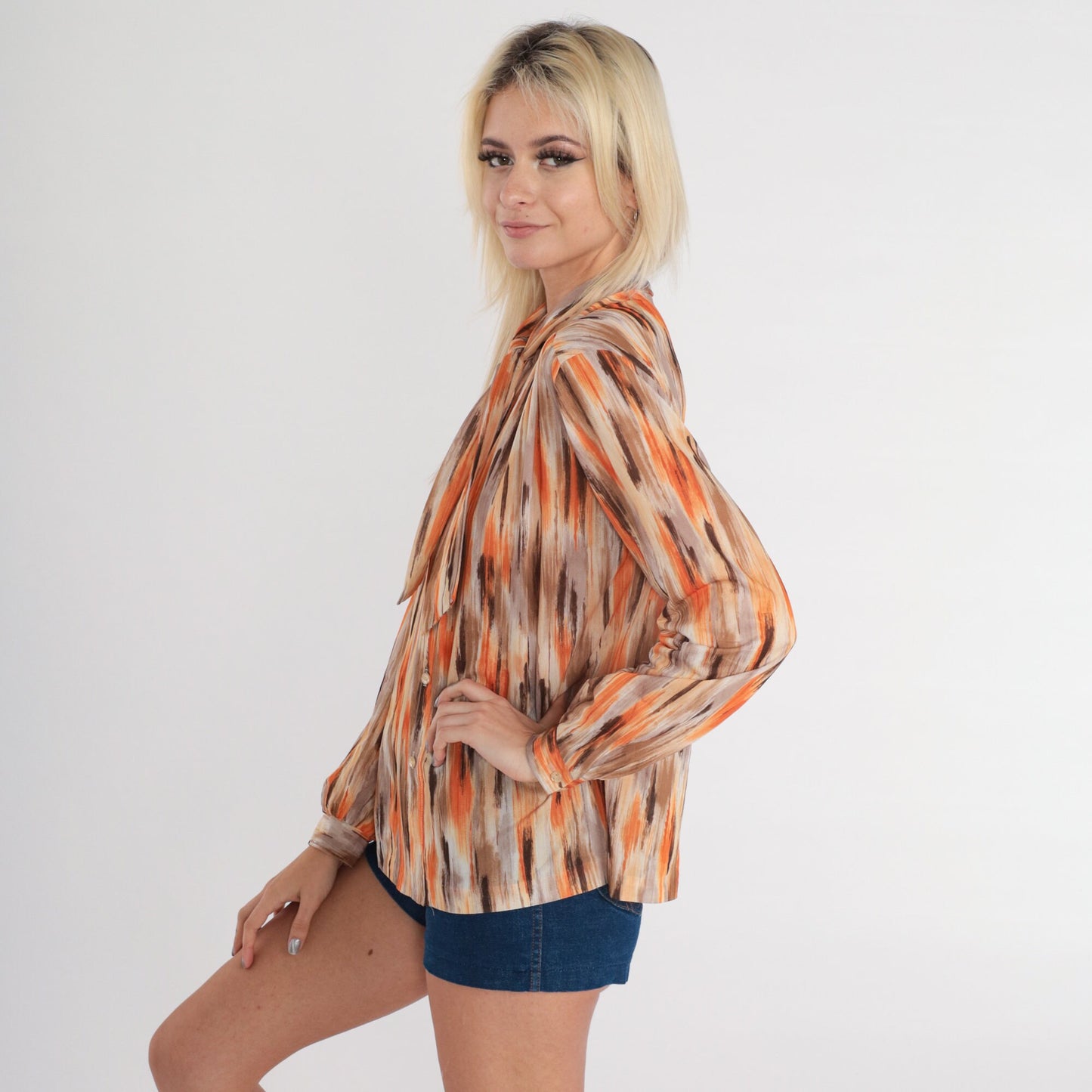 70s Ascot Blouse Brushstroke Print Button-Up Long Sleeve Orange Brown Medium