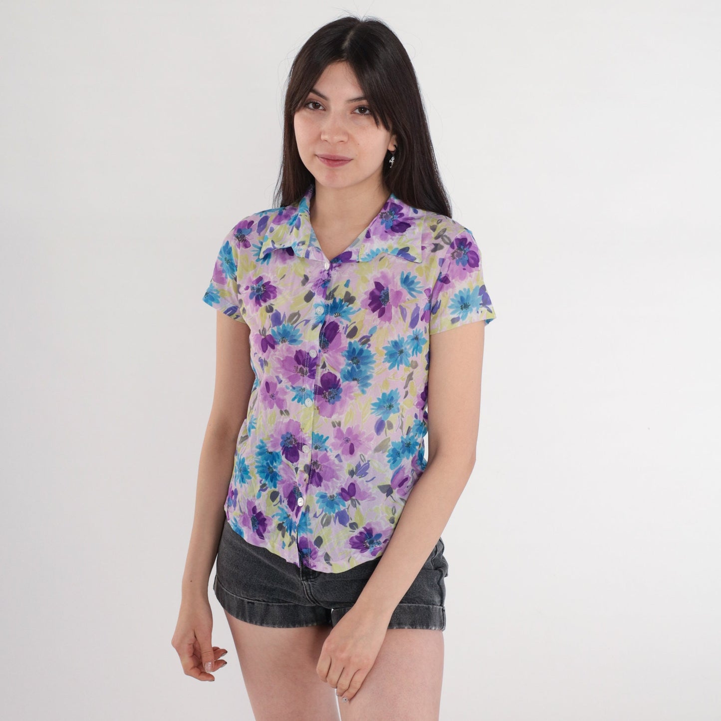 90s Floral Button Up Blouse Lavender Purple Watercolor Print Short Sleeve Small