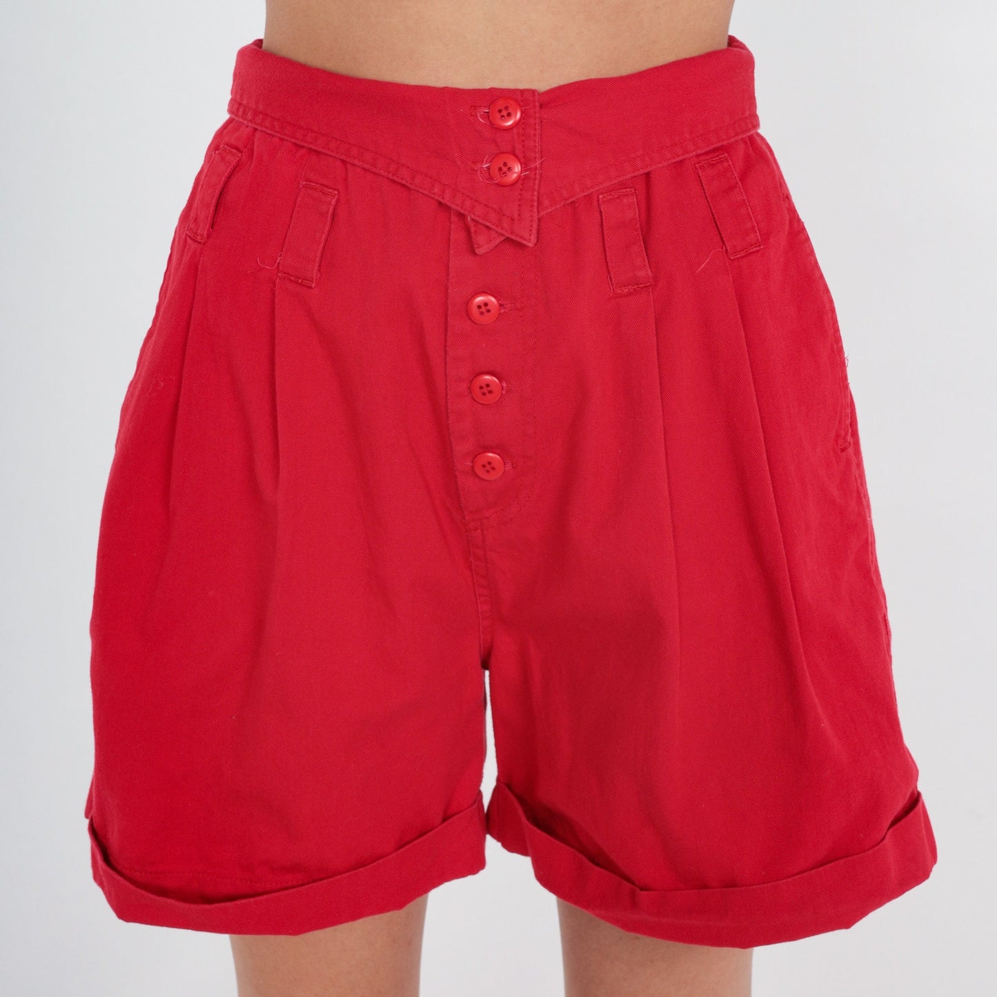 80s Red Cotton Pleated High-Waist Shorts Ultra Short Inseam Extra Small
