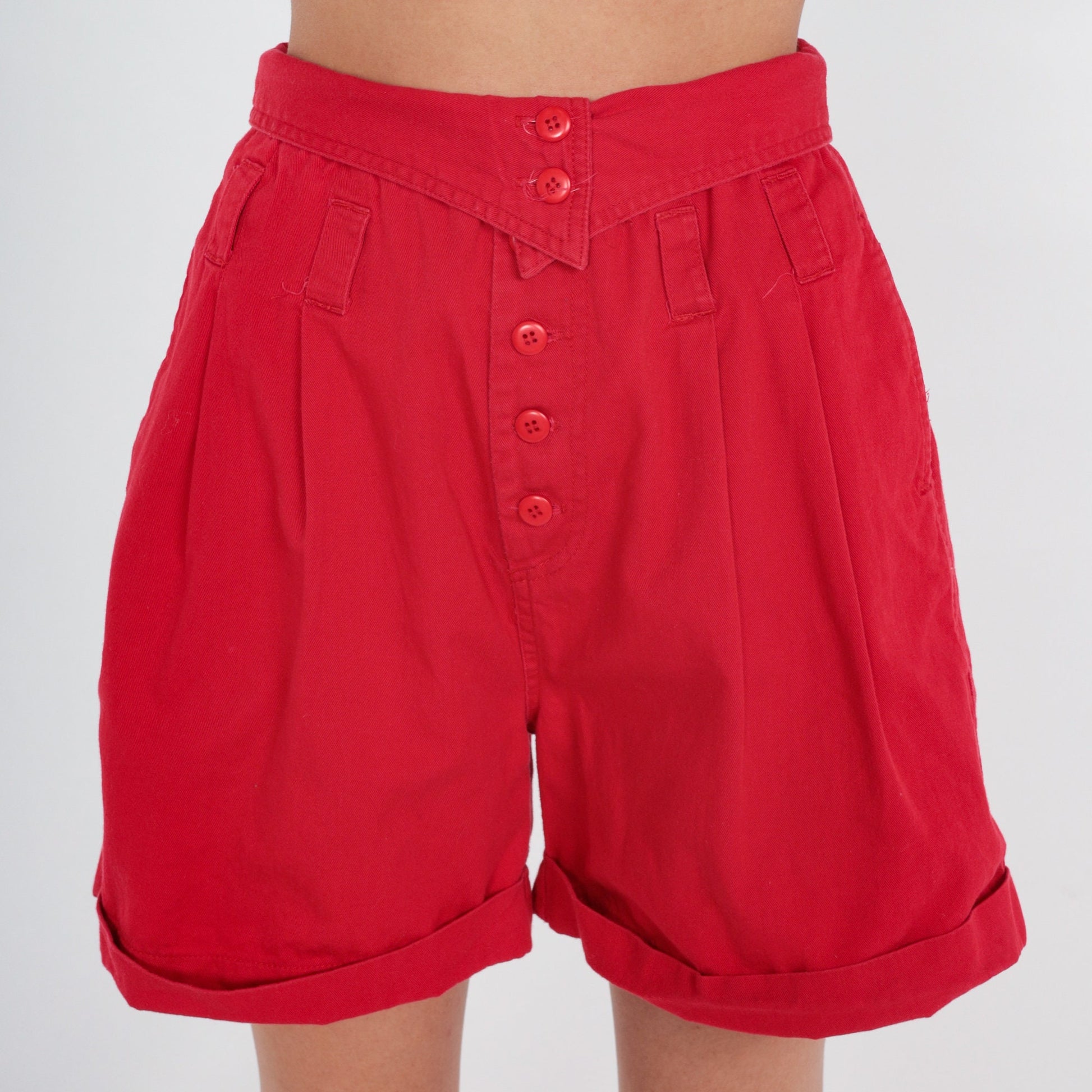 80s Red Cotton Pleated High-Waist Shorts Ultra Short Inseam Extra Small
