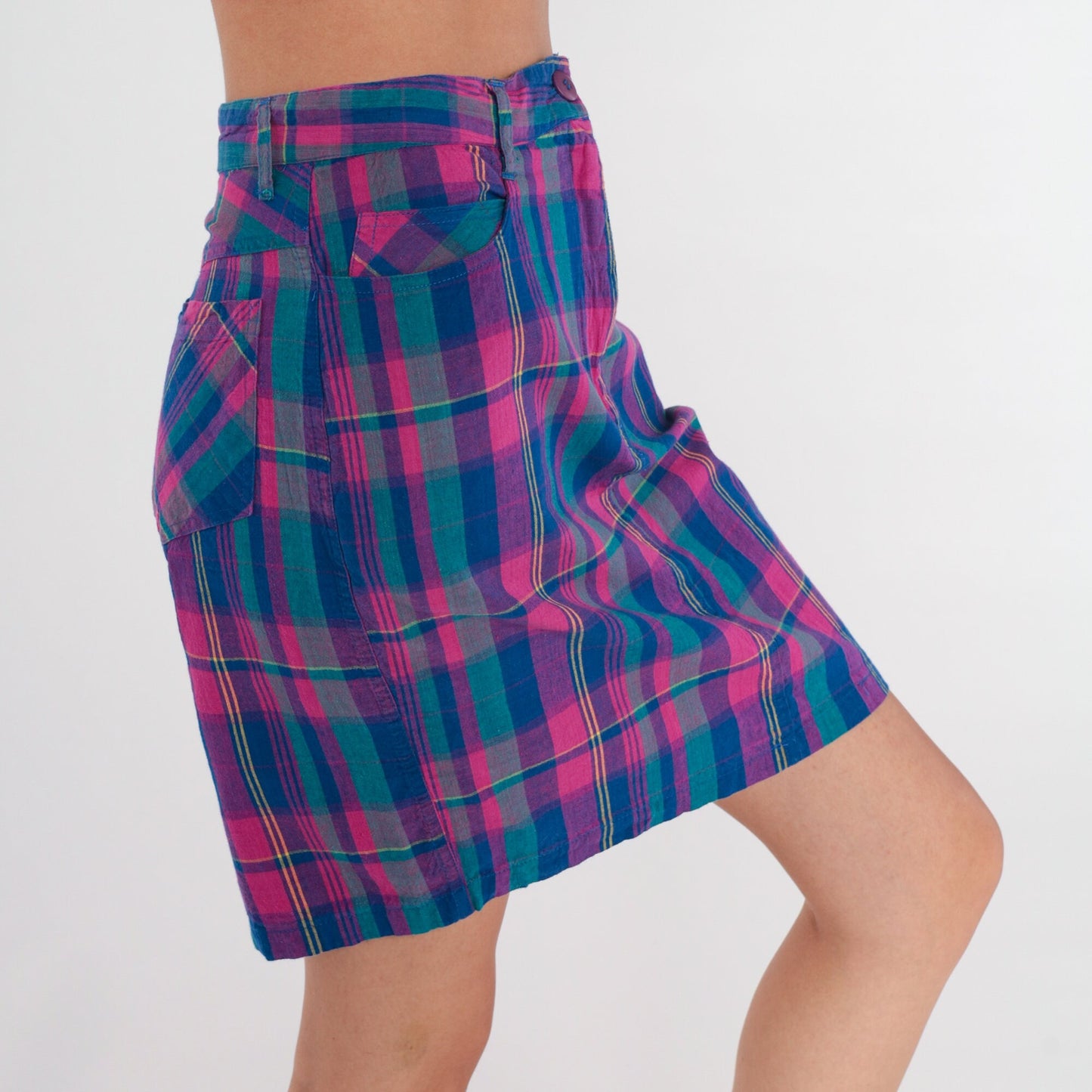 90s Plaid Mini Skirt High Waisted Pencil Checkered Pink Blue Cotton Small