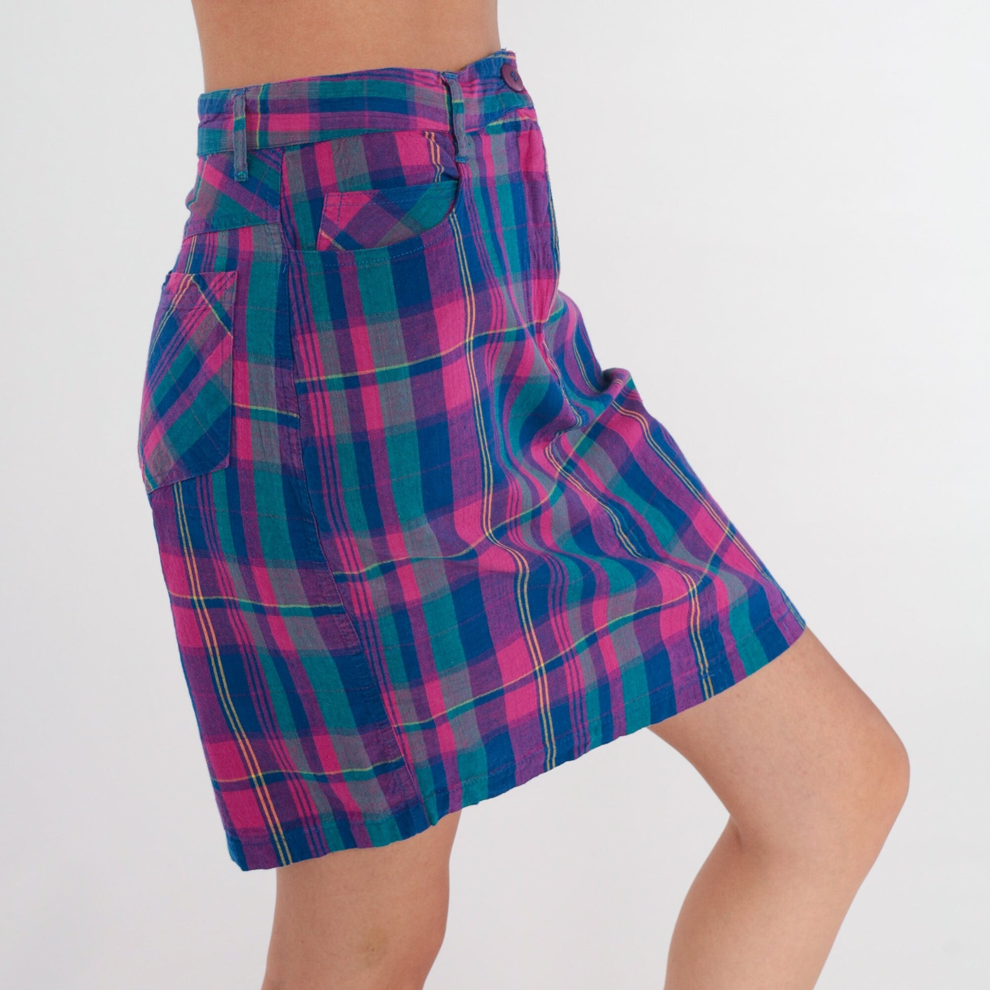 90s Plaid Mini Skirt High Waisted Pencil Checkered Pink Blue Cotton Small