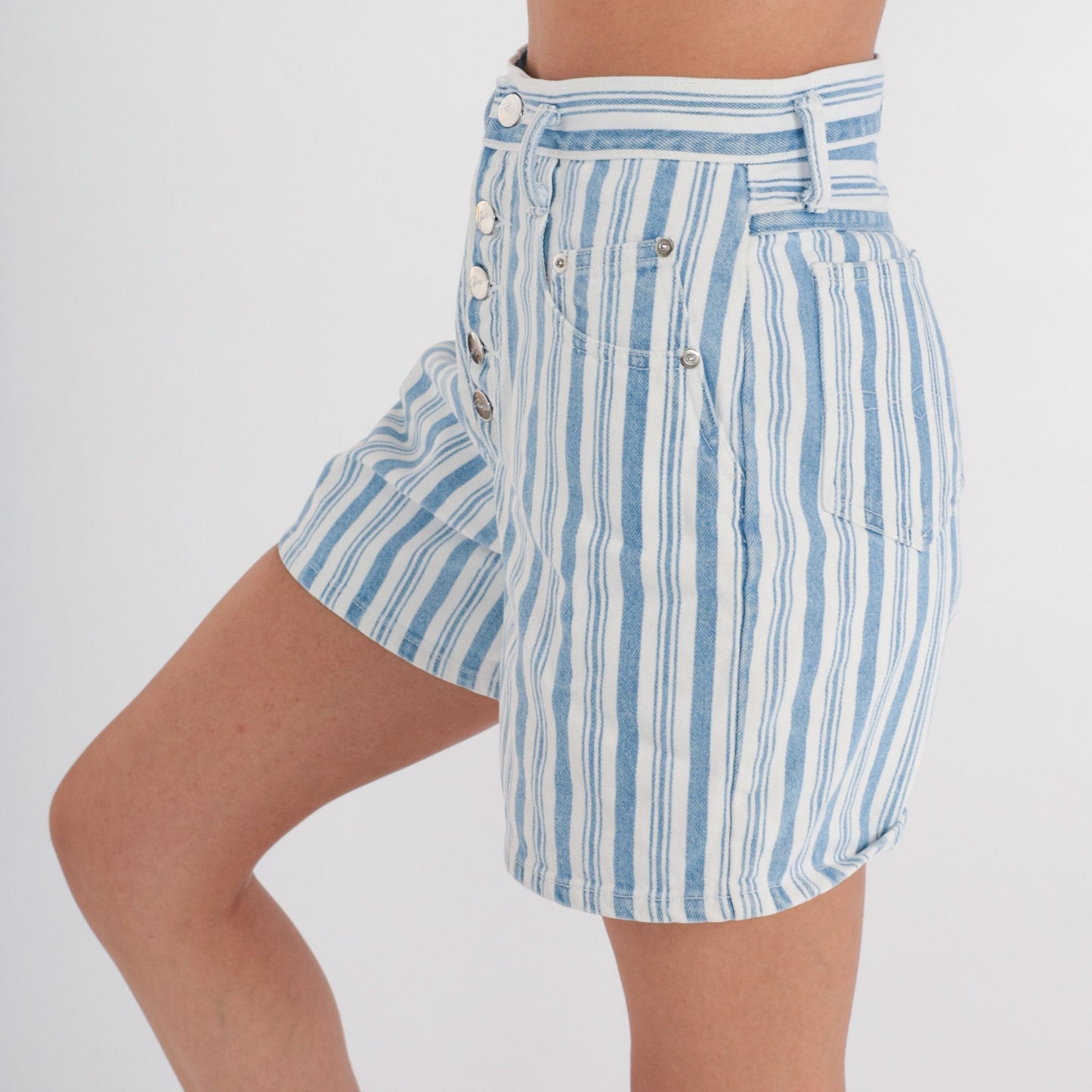 80s Striped Denim Shorts High Waisted Exposed Button Fly Blue White Extra Small