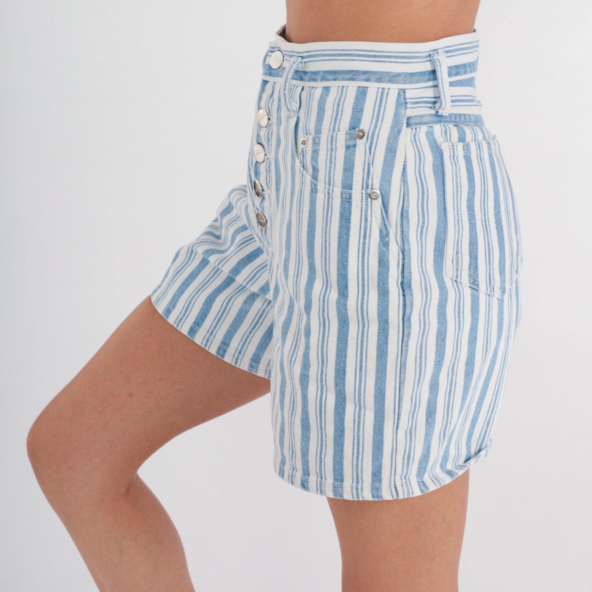 80s Striped Denim Shorts High Waisted Exposed Button Fly Blue White Extra Small