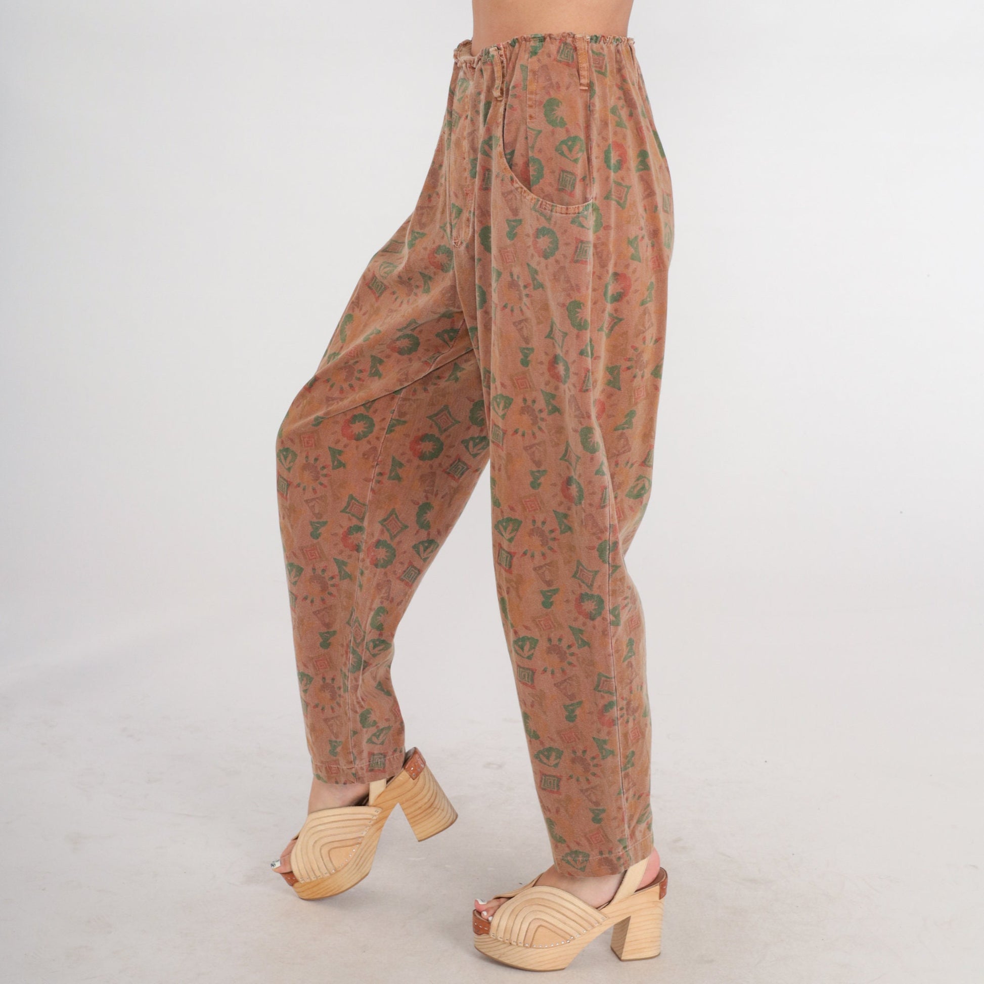 90s Parachute Pants Brown Geometric High Waist Baggy Tapered Small Medium