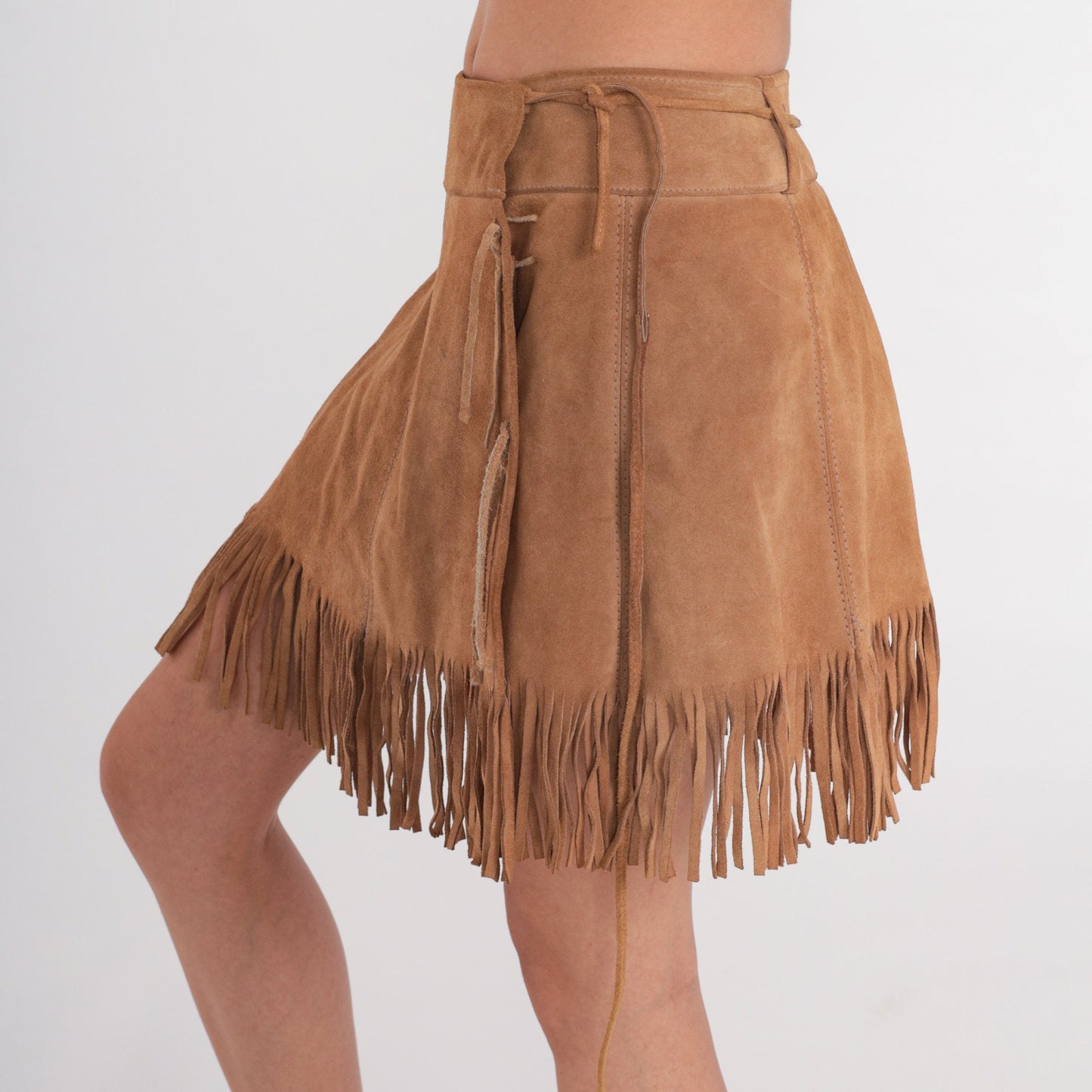 80s Brown Suede Fringe Mini Skirt Wrap High Waist Extra Small