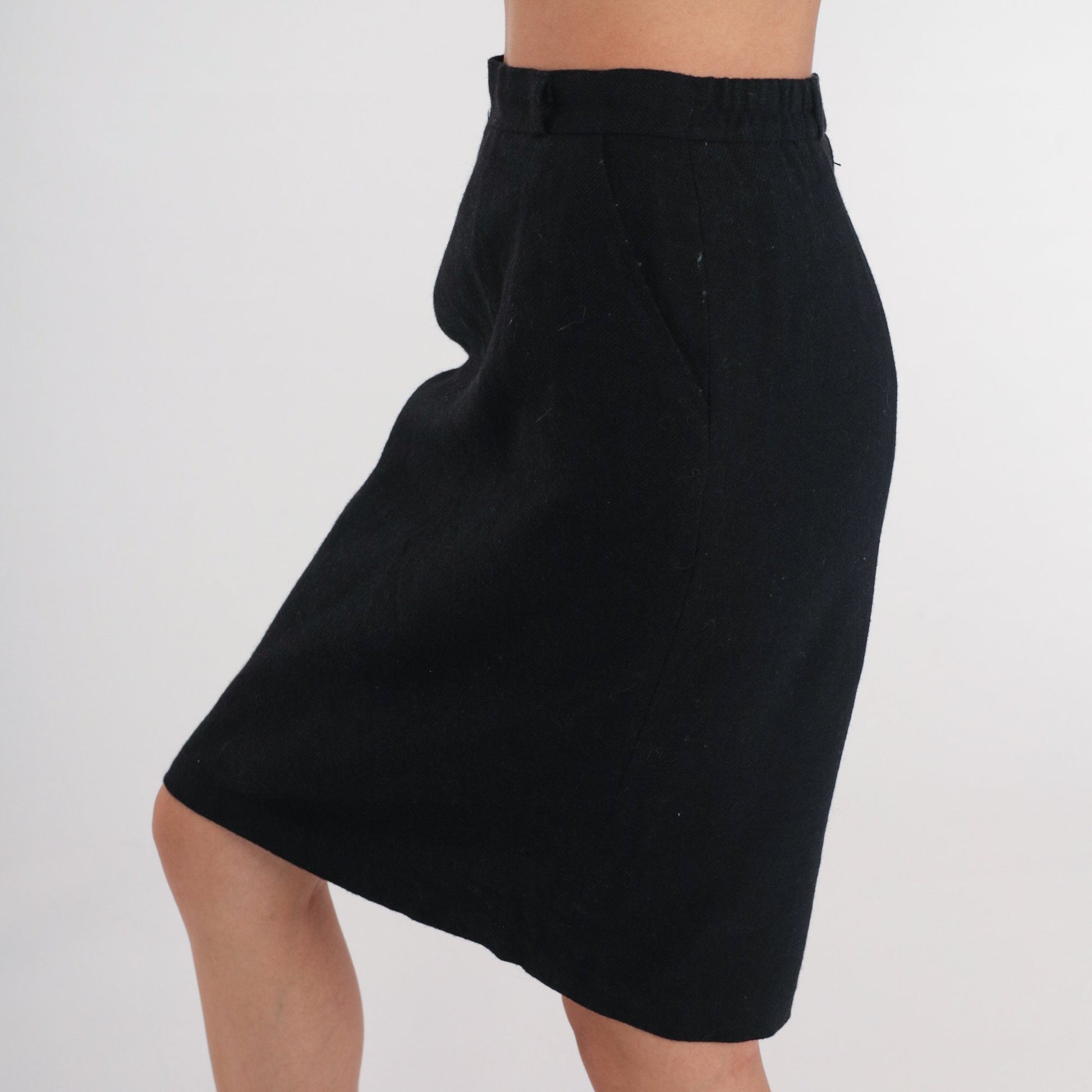 90s Black Wool Pencil Mini Skirt High Waist Rear Zip Extra Small