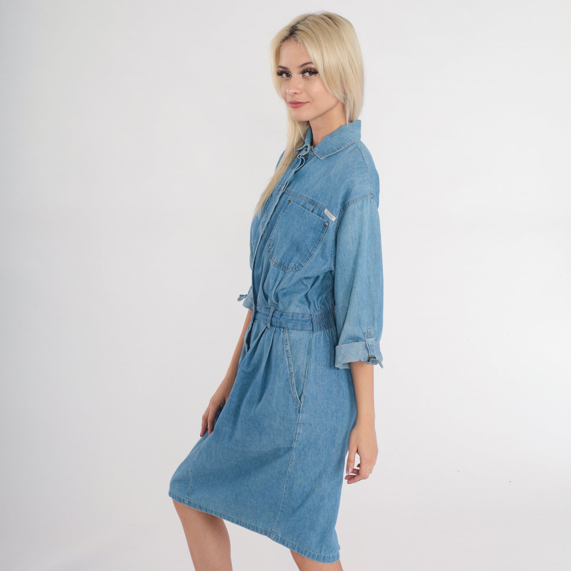 80s Dreams Blue Denim Button-Up Shirtdress Knee Length Cotton Medium