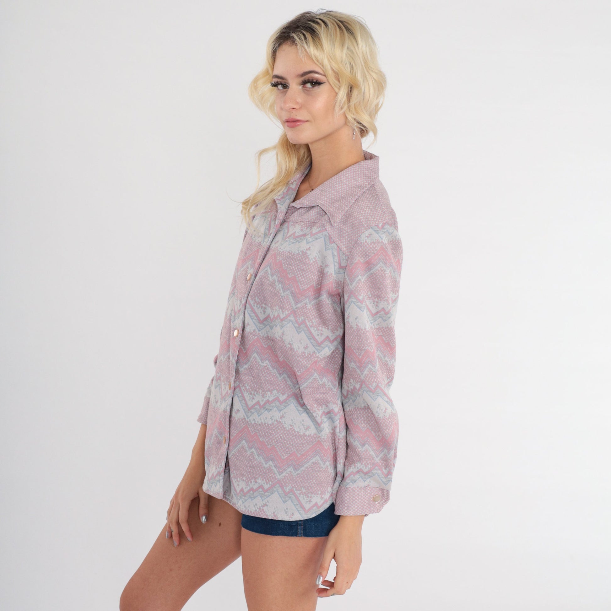 70s Zig Zag Striped Button-Up Shirt Pink Grey Dagger Collar Long Sleeve Large