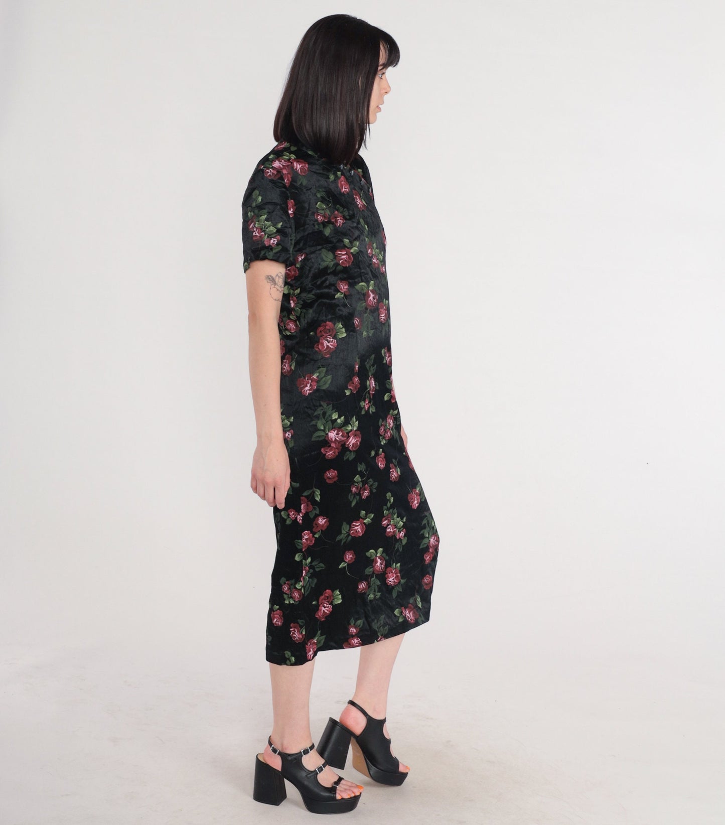 90s Jason Cody Cheongsam Midi Dress Black Floral Mandarin Collar Large