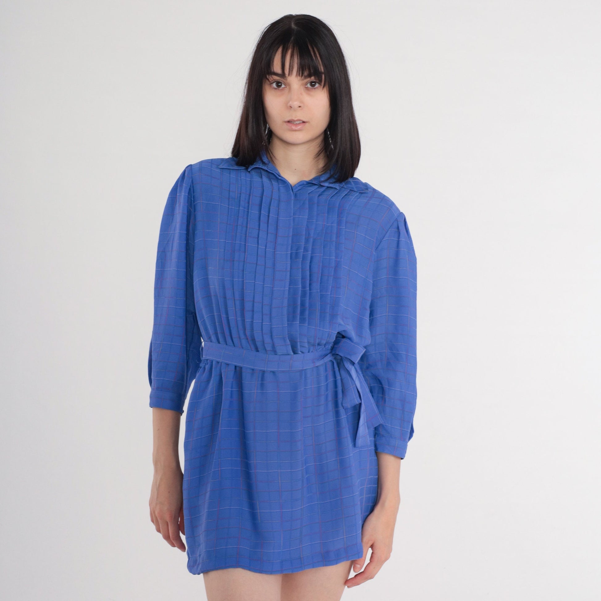 70s Ms Chaus Blue Checkered Mini Dress High Waist Pleated Button Up Medium Large
