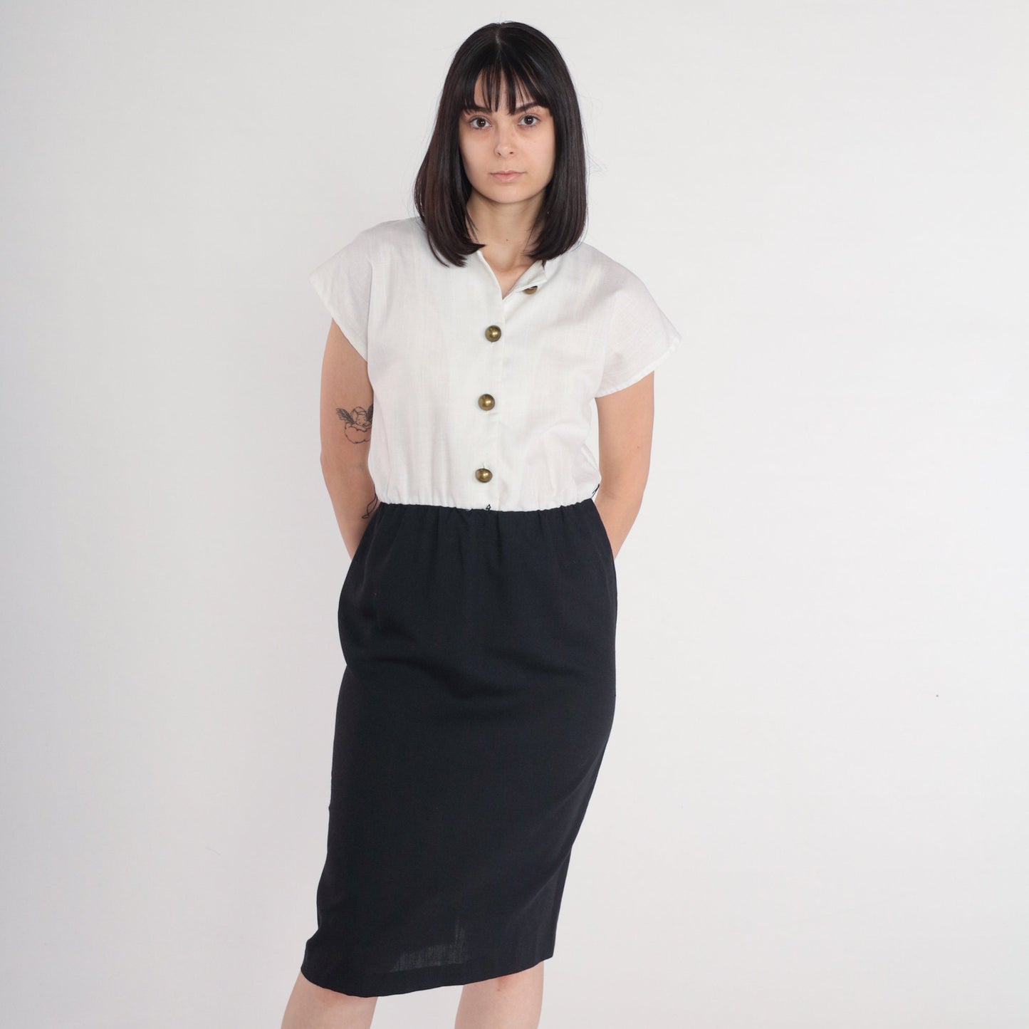 80s Justin Thyme Button-Up Midi Dress Black White Cap Sleeve Medium