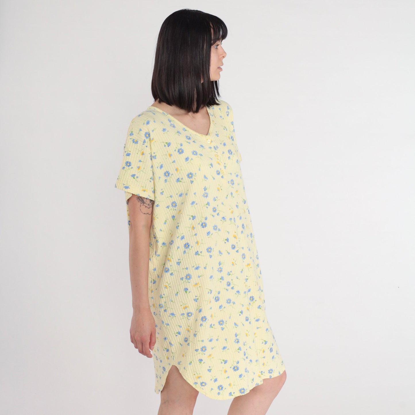 00s Yellow Floral Mini Dress Plus Size XXL Button-Up Short Sleeve