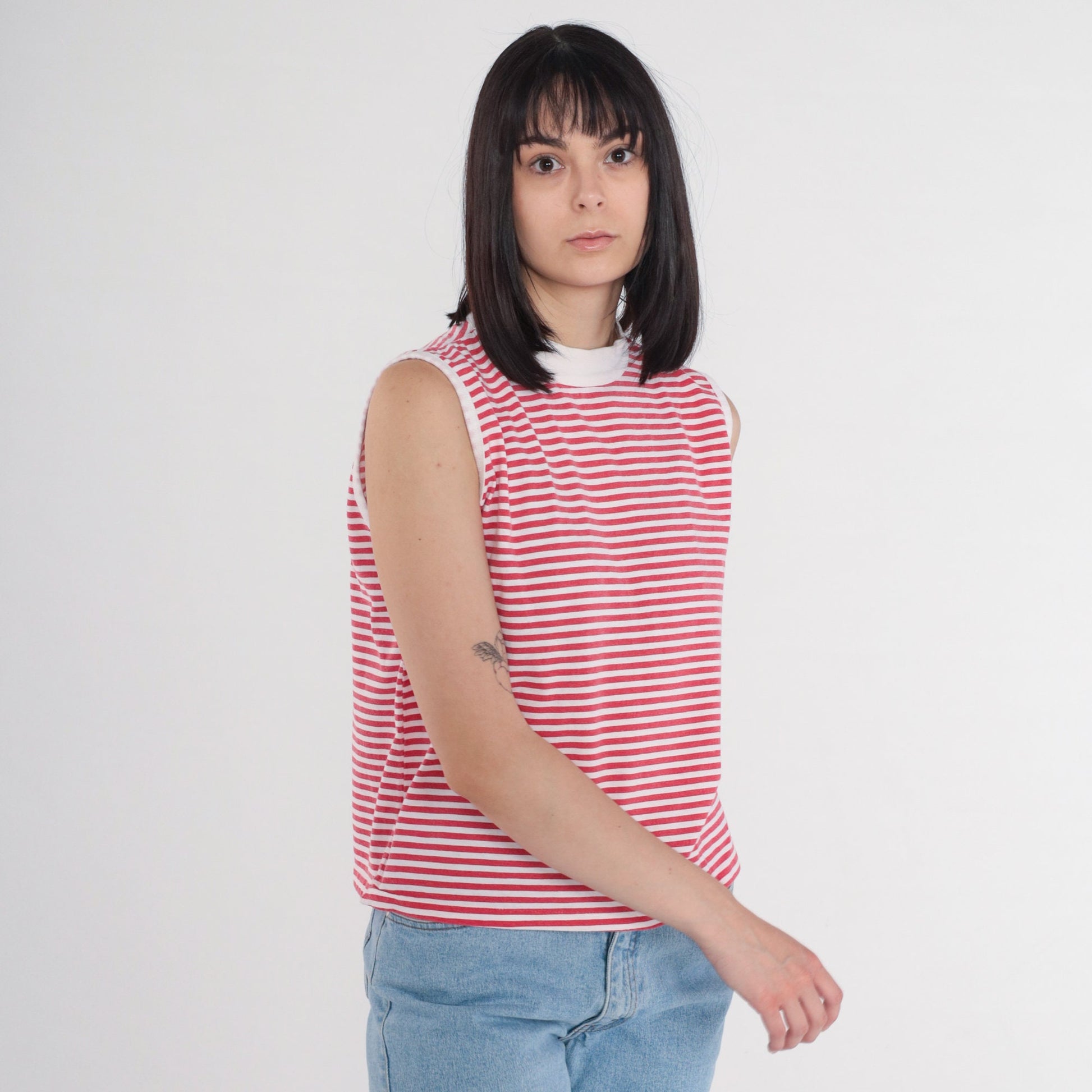 90s La Playa Striped Tank Top Mock Neck Ringer Tee Red White Large