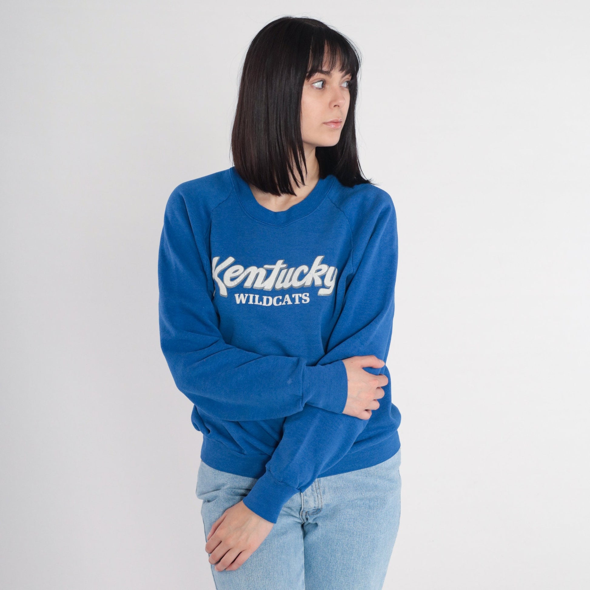 90s Kentucky Wildcats NCAA Basketball Sweatshirt Blue Raglan Large L