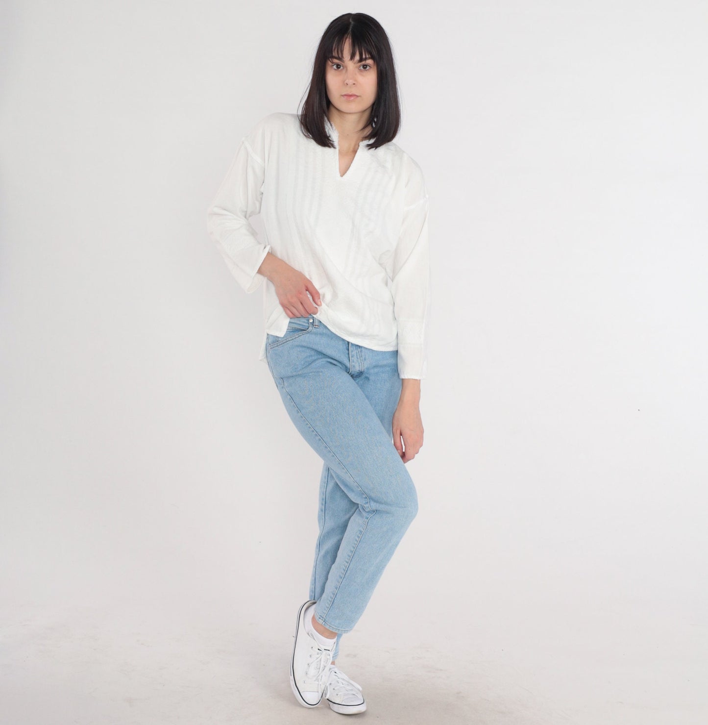 90s White Cotton Woven Blouse Long Sleeve V-Neck Medium M