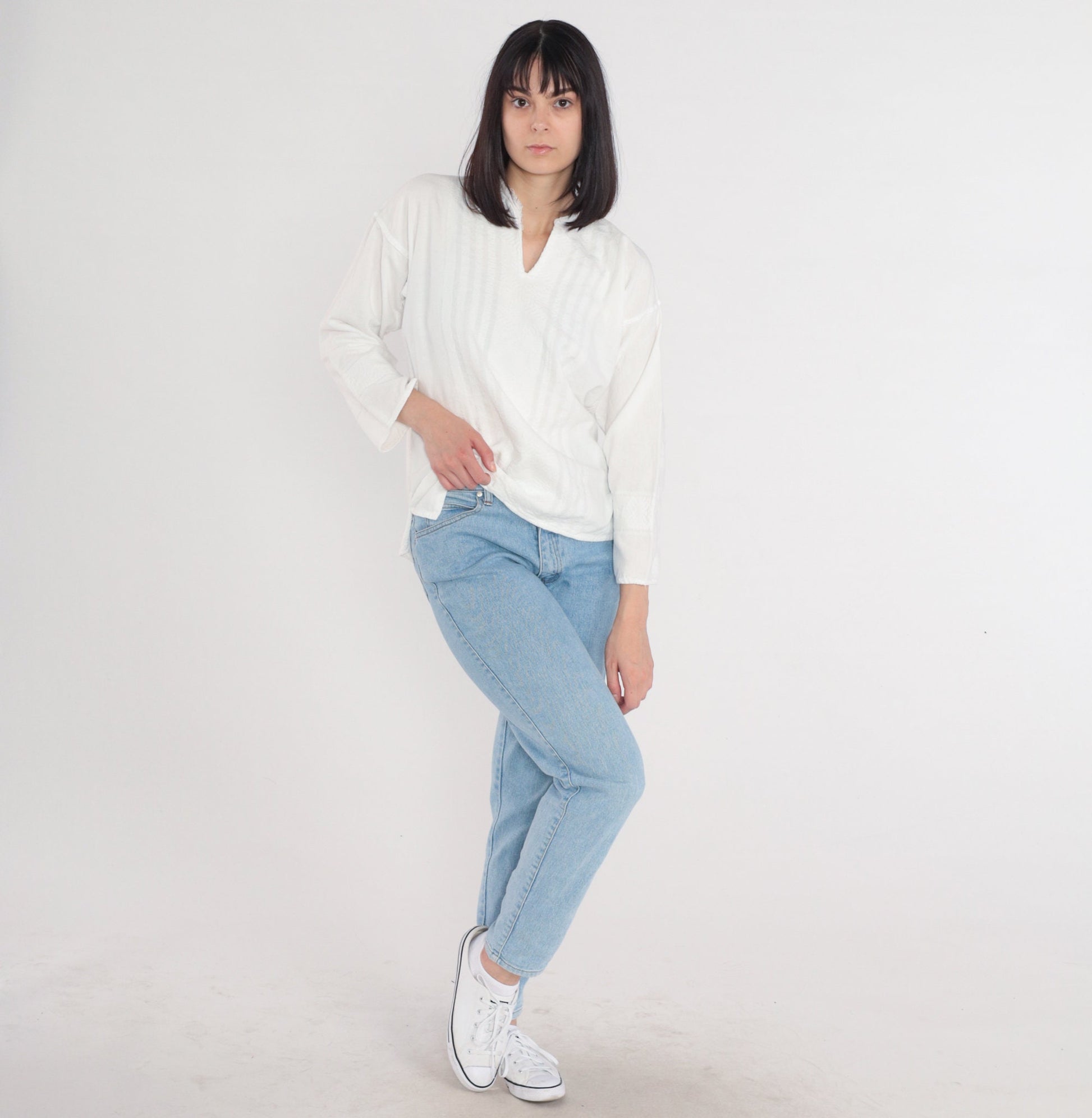 90s White Cotton Woven Blouse Long Sleeve V-Neck Medium M