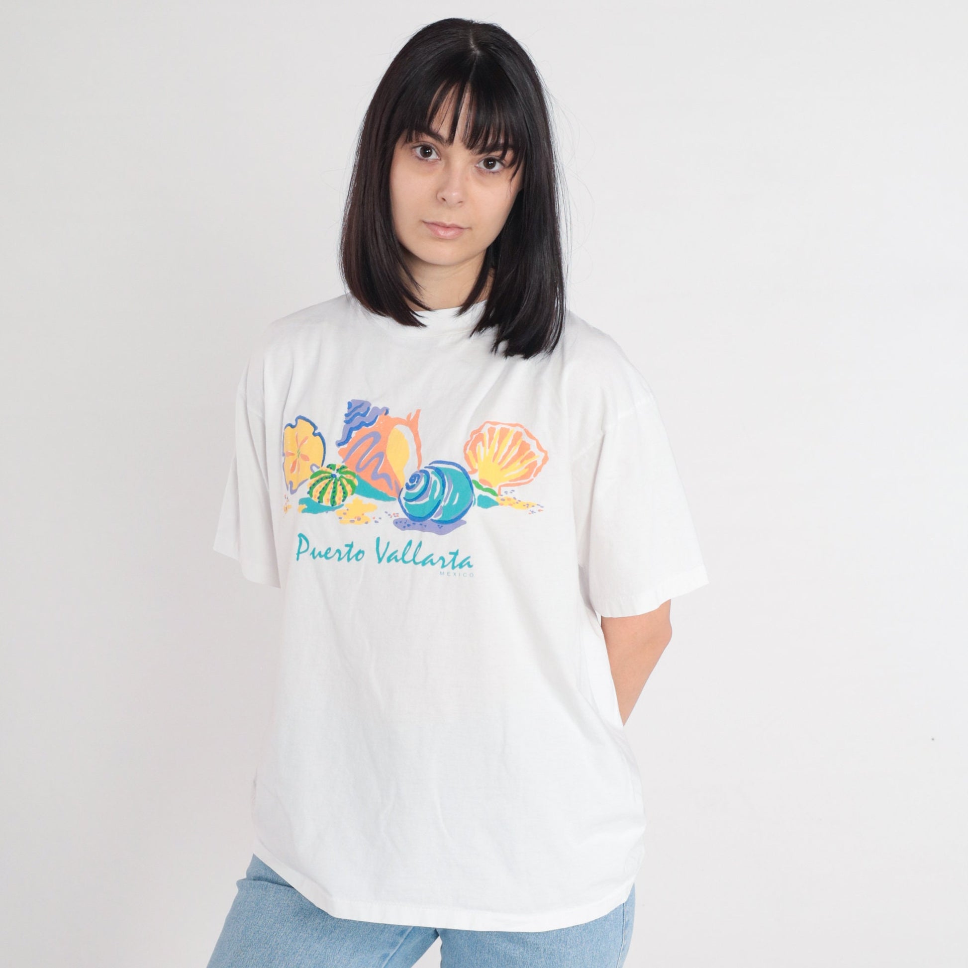 90s Puerto Vallarta Seashell Graphic T-Shirt White Single Stitch Extra Large