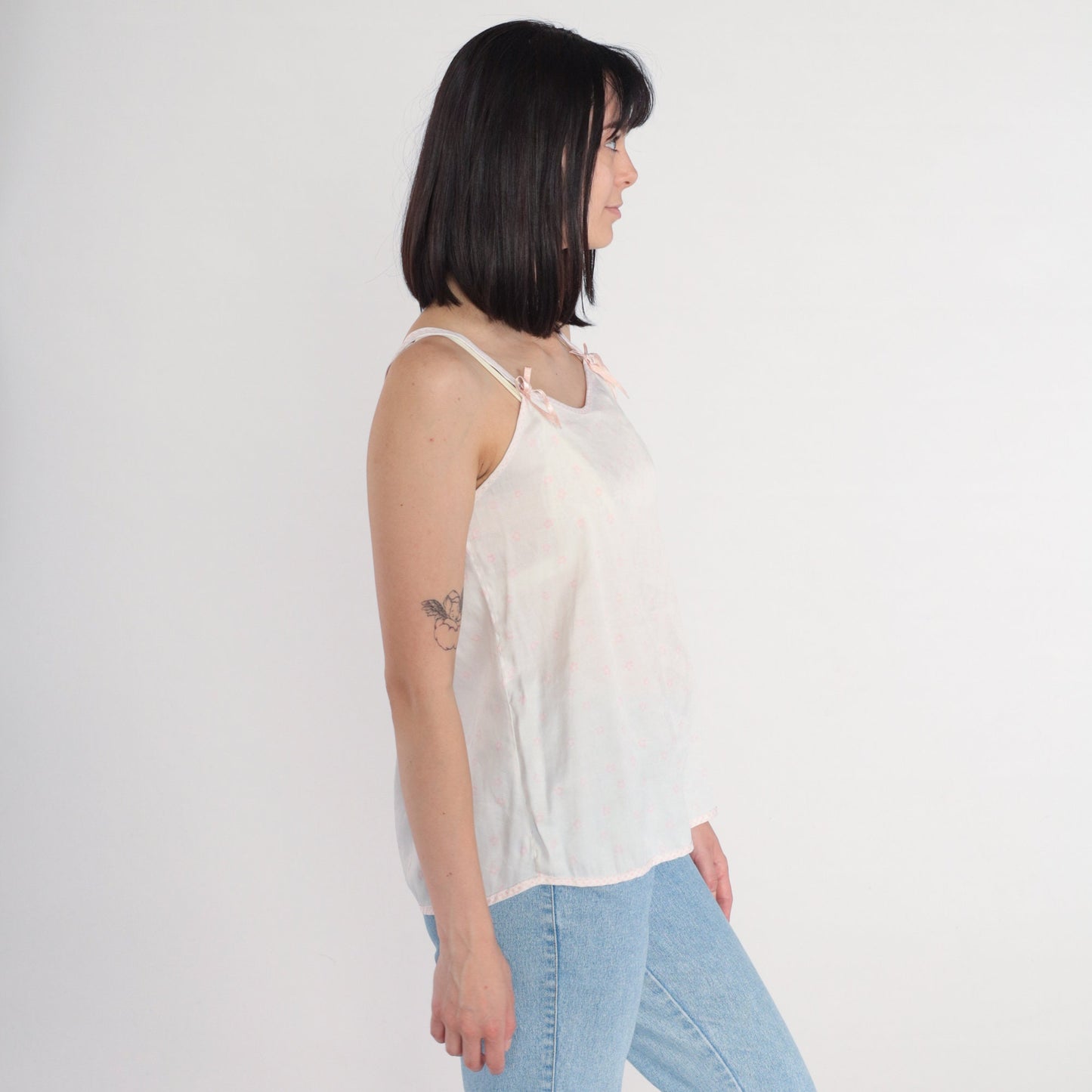 80s White Floral Camisole Pink Ditsy Print Spaghetti Strap Tank Small